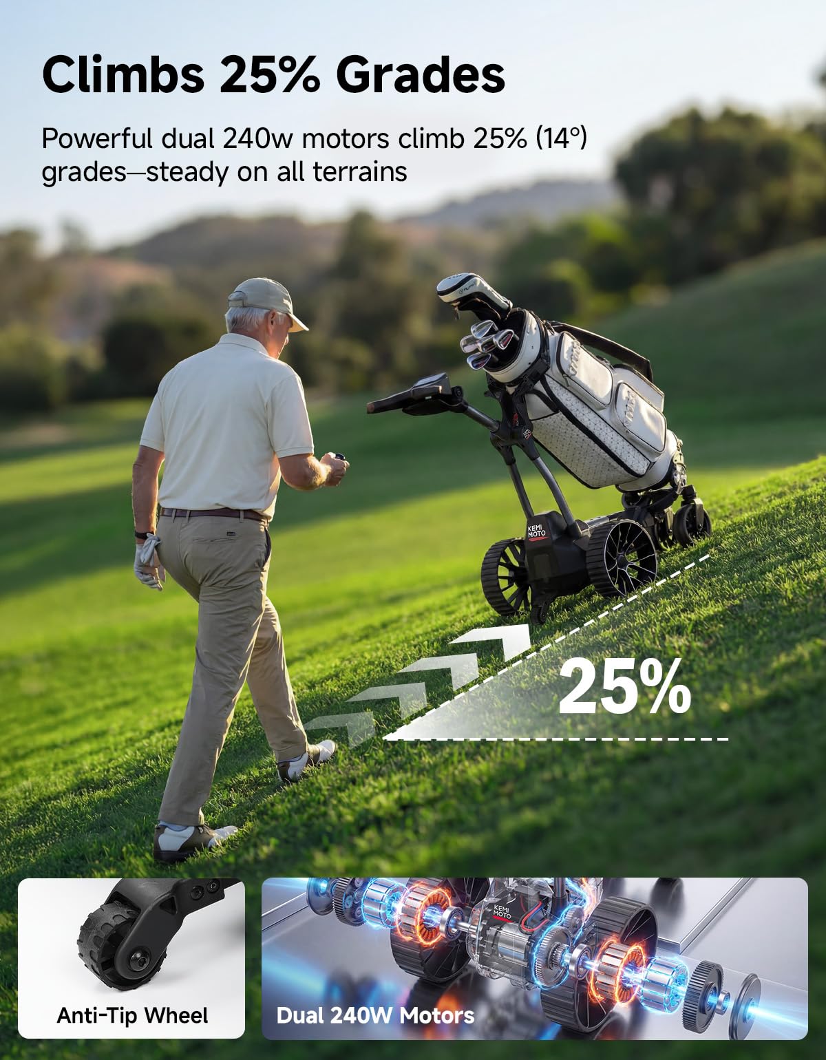 KEMIMOTO ApexR Electric Golf Cart with Power Assist Mode, 492FT Remote Control, Dual 240W Motor 36 Hole Battery, IPX5 Water Resistant Compact Folding Golf Caddy w/ USB-C, Drink & Umbrella Holder