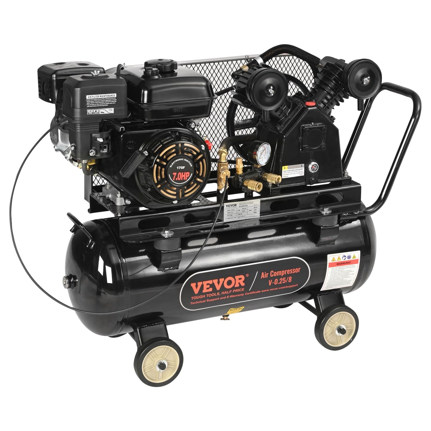 VEVOR 13.2 Gallon Gas Powered Air Compressor, 7HP 9CFM@115PSI Air Compressor Tank on Wheels, Gas Driven Piston Pump Air Compressed System with 115PSI Maximum Pressure for Workshop Construction Sites