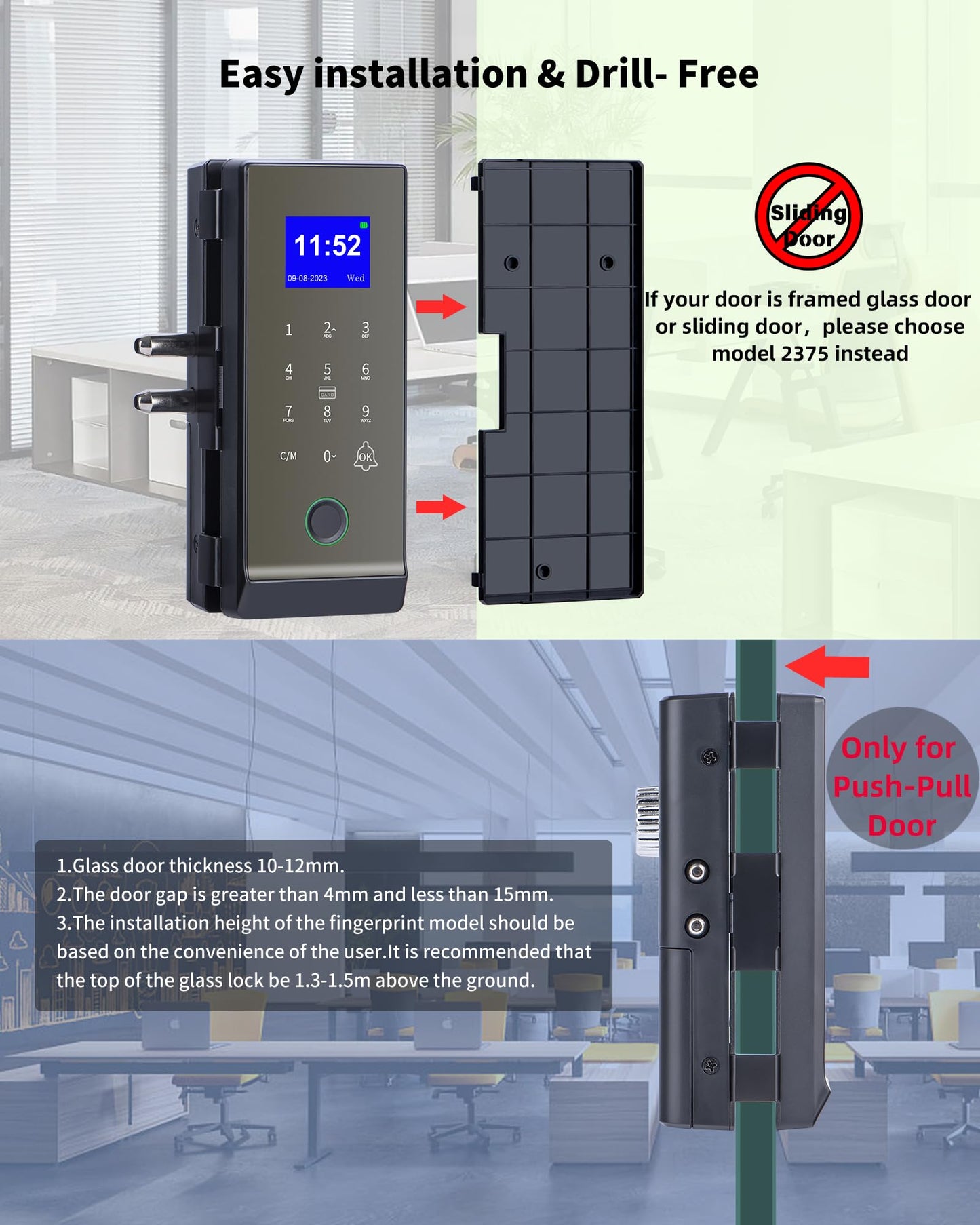 Smart Glass Door Lock,Perfiware 4in1 Biometric Fingerprint Glass Door Locks LG2315,2024 Drill-Free Keyless Entry Upgraded Door Locks,Great for Office,Home,Hotel,Apartment
