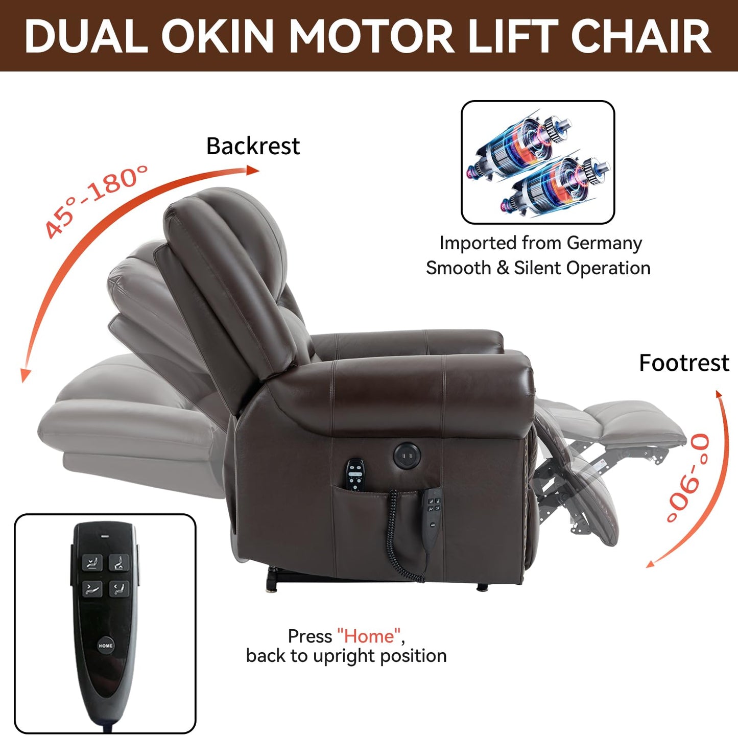 KEIKI Oversized Power Lift Recliner Rocking Chair for Adult, Genuine Leather Mid Century Modern Accent Chair with Back Message & Heat USB Port, Adjustable Home Theater Seating for Living Room, Brown