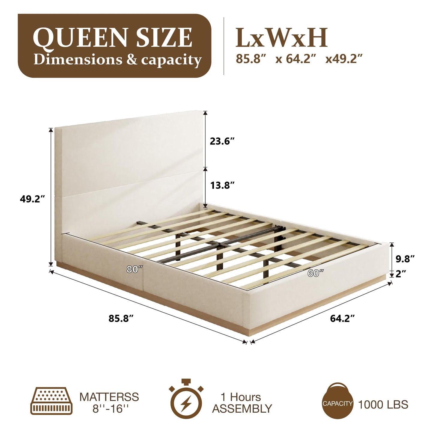 wirpexhowak Queen Size Platform Bed Frame with Headboard, Velvet Grounded Bed with Wood Slats, Heavy Duty Mattress Foundation, Box Spring Option, Noise-Free, Easy Assembly, Beige