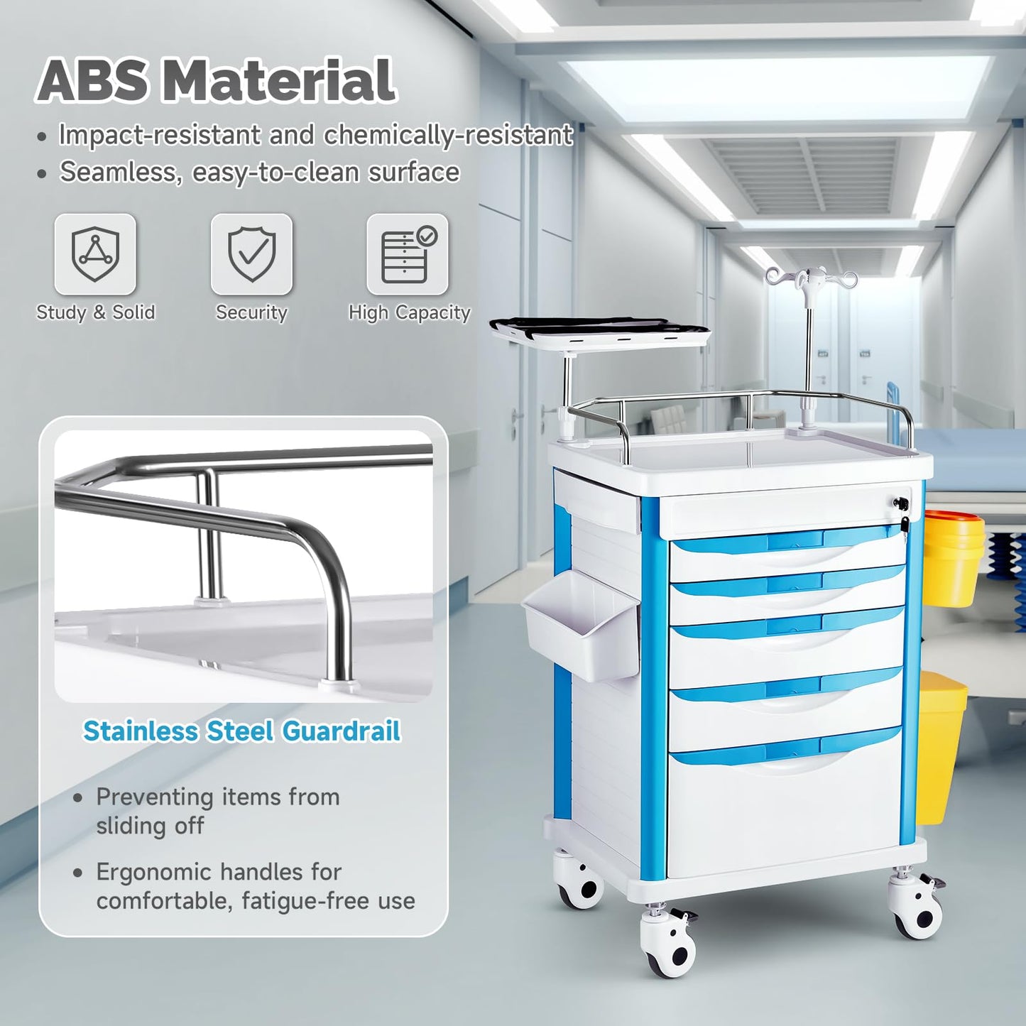 Deerplanet Crash Cart Medical ABS Material, Medical Cart with Drawers, Adjustable IV Pole, Silent Casters, Trash Bins, O2 Holder, Needle Disposal Holder, CPR Board, Nursing Cart for Hospital Clinic