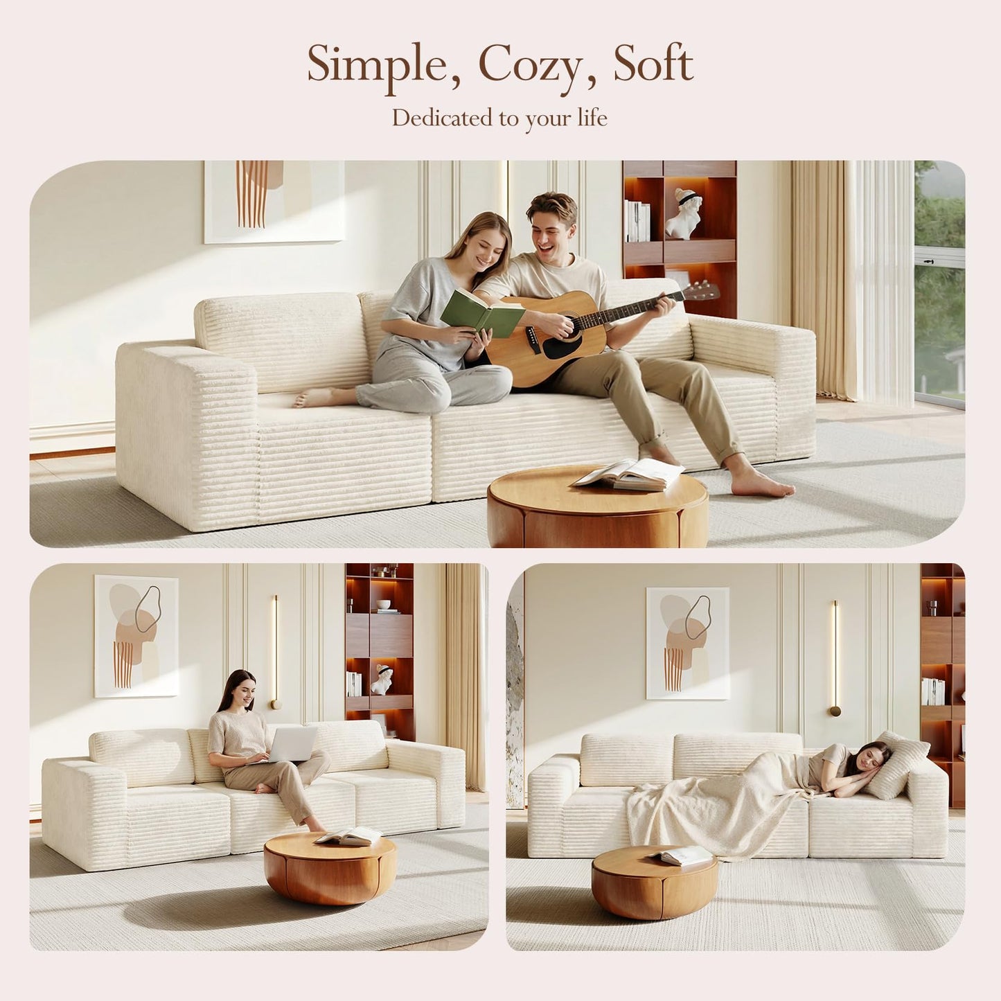 119" Modular Sofa Set, Corduroy Cloud Sectional Couch with Extra Deep Seating & Reinforced Spring System, Compact 3-Seater Boneless Sofa for Living Room & Apartment Spaces, Tool-Free Setup, Beige