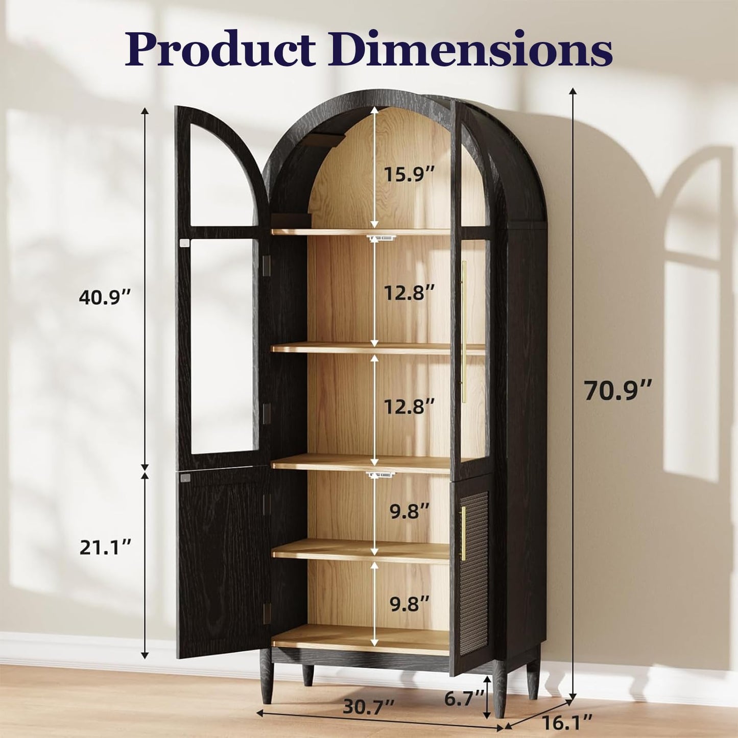 TRUNBACK 71" Tall Arched Cabinet with Glass Doors, Kitchen Pantry Storage Cabinet with Dust-Proof Rattan, 5-Tier Curio China Cabinet with Adjustable Shelves for Living Room Dining Room, Black