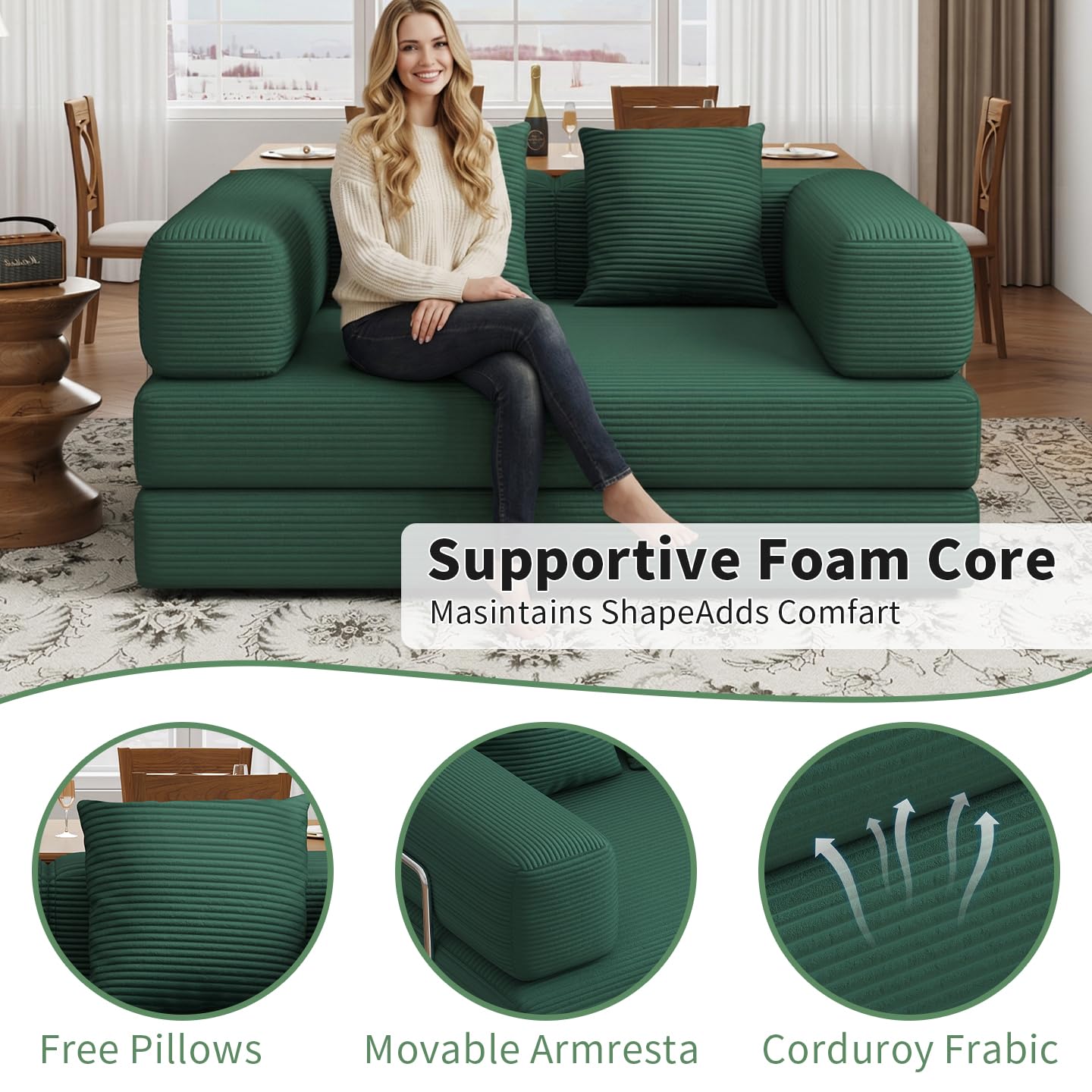 4 in 1 Convertible Sofas Boneless Couches with 2 Pillow, Modern Corduroy Futon Bed, Modular Queen Sofa with Pull-Out Bed, LoveSeat for Living Room, Small Space Apartment (Green, 53.15"Double Sofa)