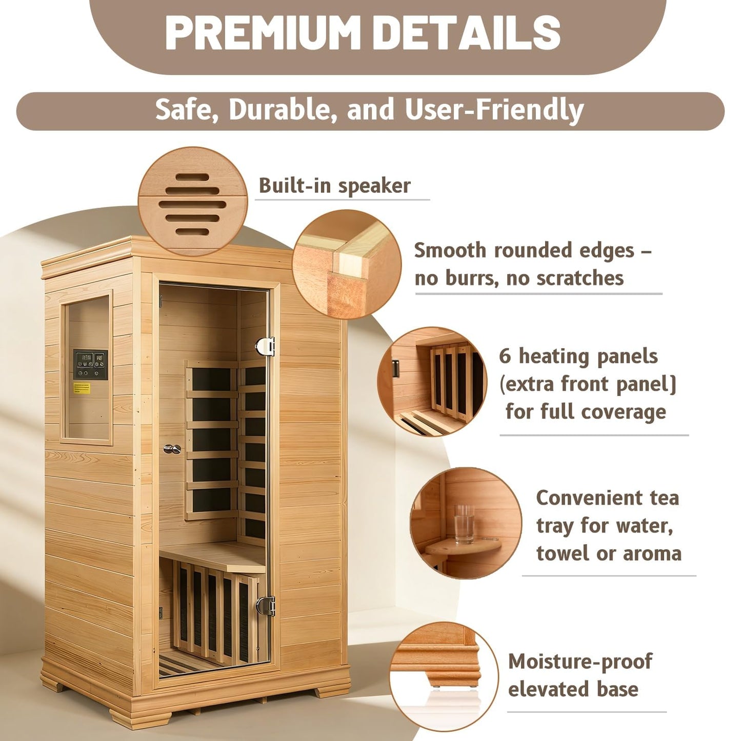 Royal Saunas Hongyuan 1 Person Infrared Sauna Room Indoor, 960W Home Sauna, Canadian Hemlock Wood, Low EMF Heating, BT Audio, LED Reading Light, Compact Spa 35"x27"x61"