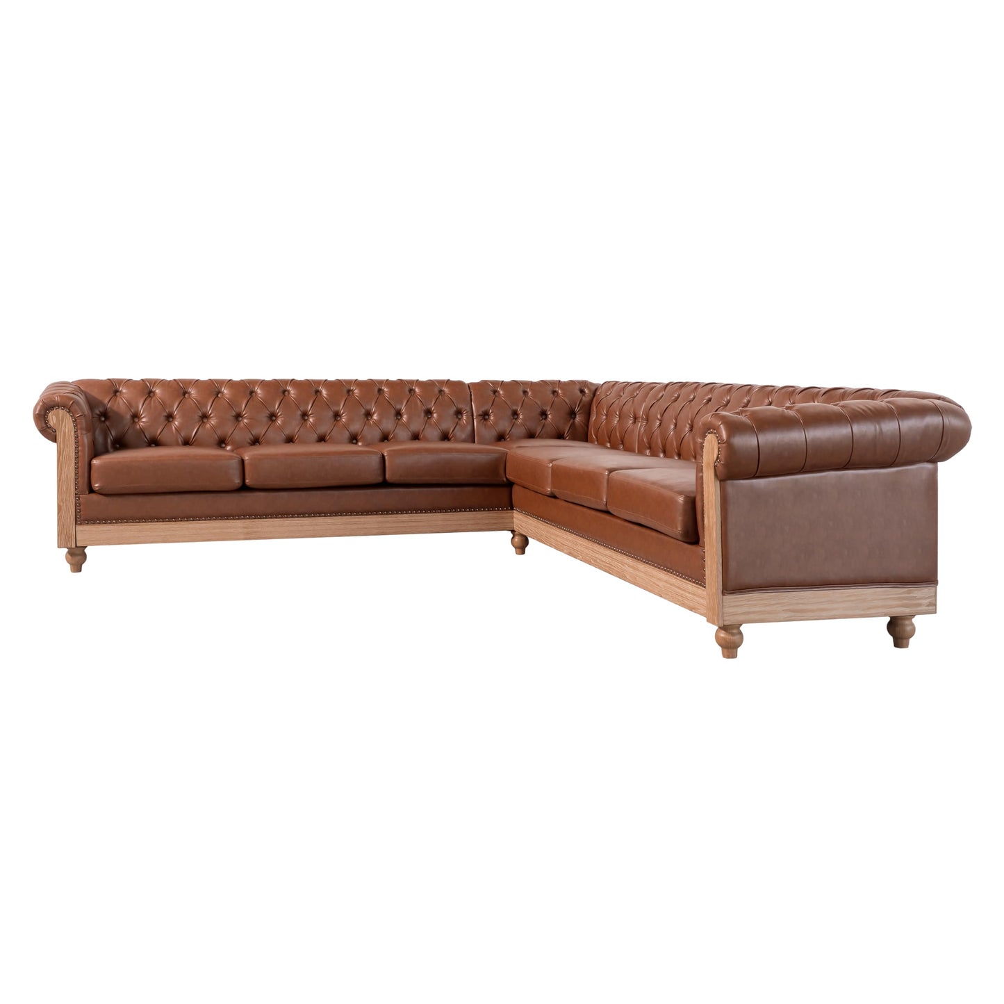 Merax PU Chesterfield Sofa, Retro Style Upholstered 6 Seater Leather Rolled Arm Couch for Living Room Bedroom Office, Light Brown