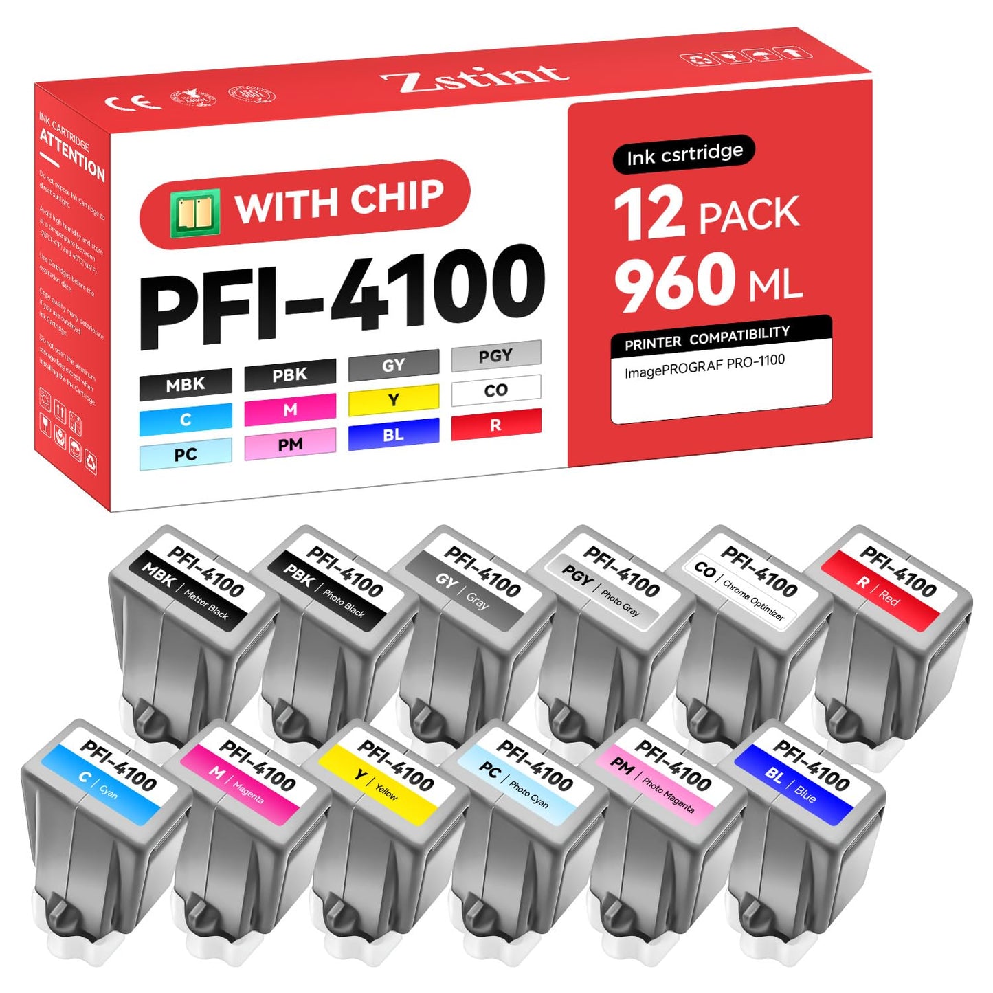 PFI-4100 Pigment Ink Tank Set 12-Pack 80ml High Capacity Replacement for Canon PFI-4100 PFI4100 Ink Cartridges Compatible with Canon ImagePROGRAF PRO-1100 Color Printer Matte Black Cyan Yellow Magenta