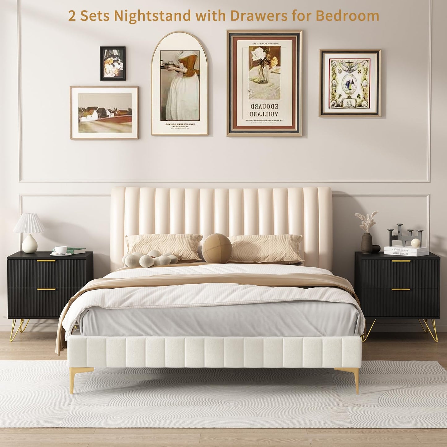Sscaktu 7 Drawer Dresser and Nightstand Sets for Bedroom, 3 Pcs Bedroom Set，Night Stand Set of 2 & 7 Drawer Dresser with Gold Handles, Modern Wood Chest of Drawers Storage Cabinet Set, Black