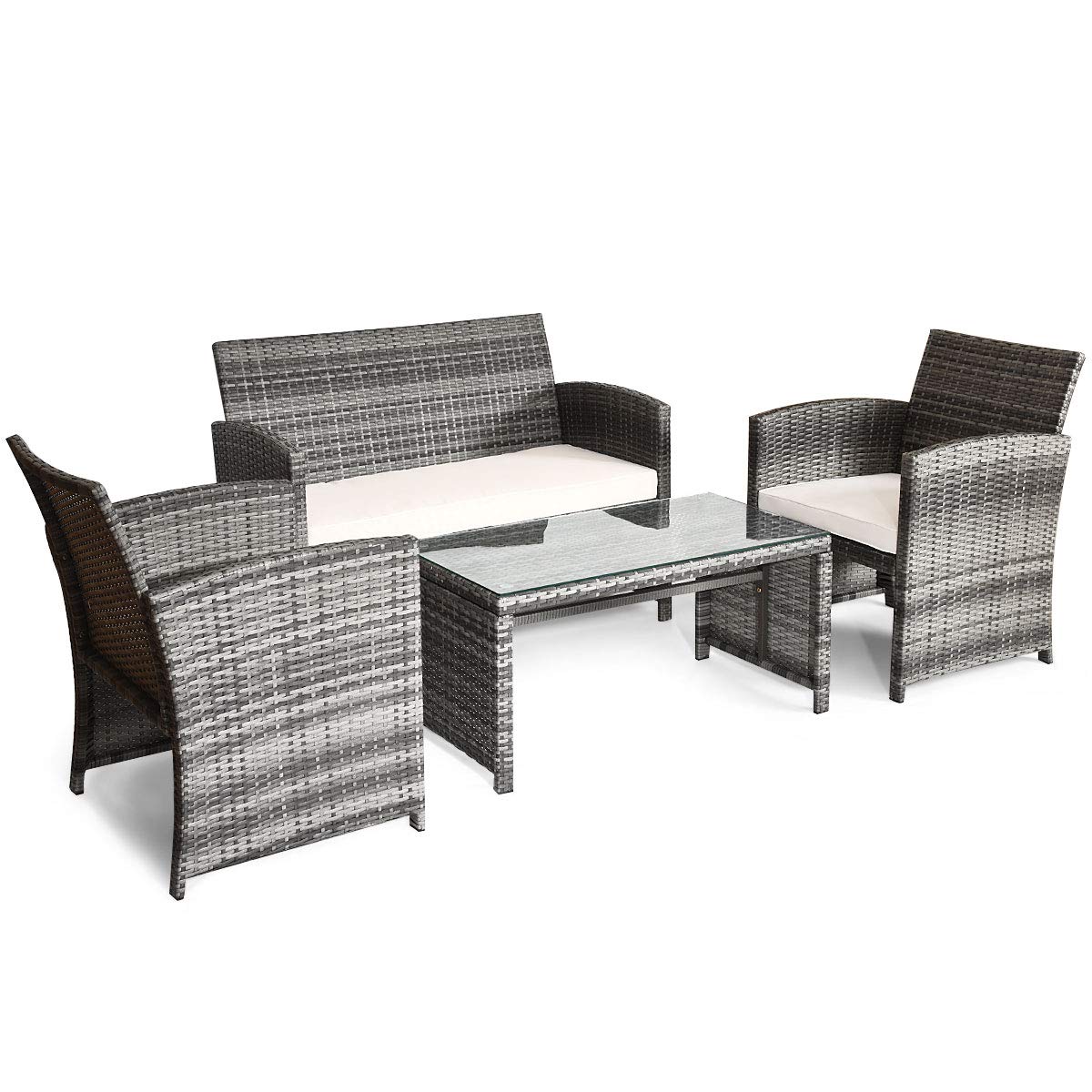 Tangkula 4 PCS Wicker Patio Conversation Set, Outdoor Rattan Sofas with Table Set, Patio Furniture Set with Soft Cushions & Tempered Glass Coffee Table for Poolside Balcony