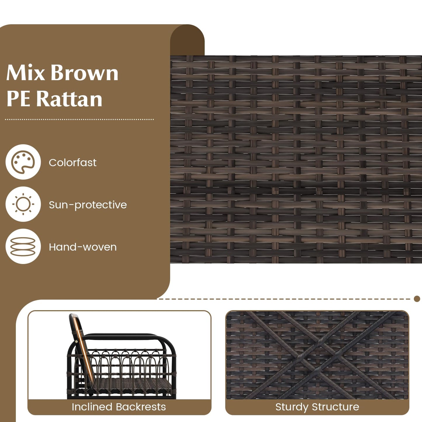 Tangkula 3 Pieces Patio Wicker Furniture Set, Outdoor Conversation Bistro Set with Cushioned Chairs and Tempered Glass Coffee Table, Modern Rattan Chair Set for Porch, Balcony, Lawn (Mix Brown-Beige)