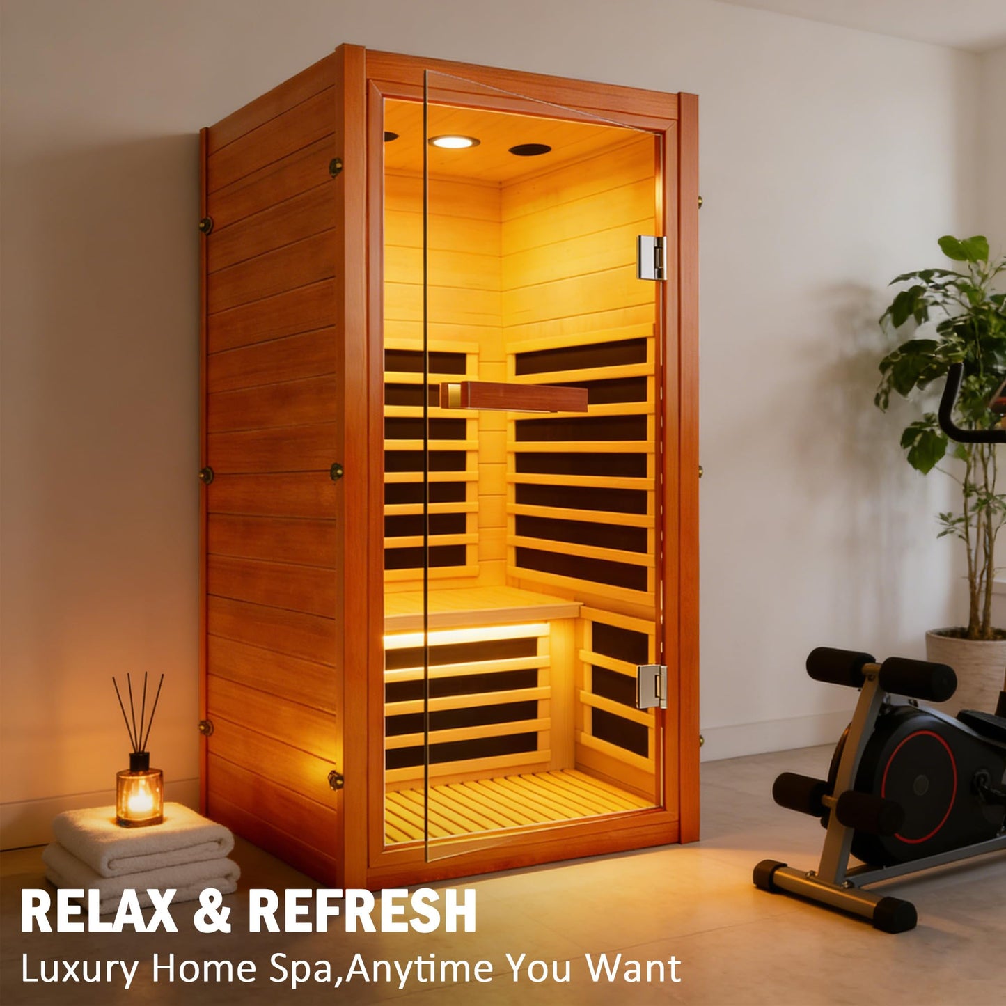 InfraHHZQ 1 Person Infrared Sauna for Home Far Infrared Sauna Room Red Cedar Low EMF Indoor Sauna with Speaker 7 Color Lighting Personal Dry Sauna for Home Gym Spa