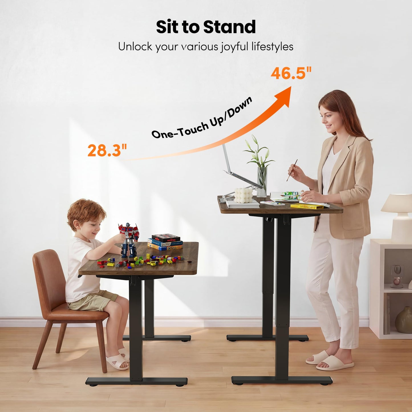 FEZIBO One-Piece Standing Desk, 48"x24" Seamless Tabletop Electric Height Adjustable for Home Office, Study Rooms & Multi-Device Workstations, Black Walnut