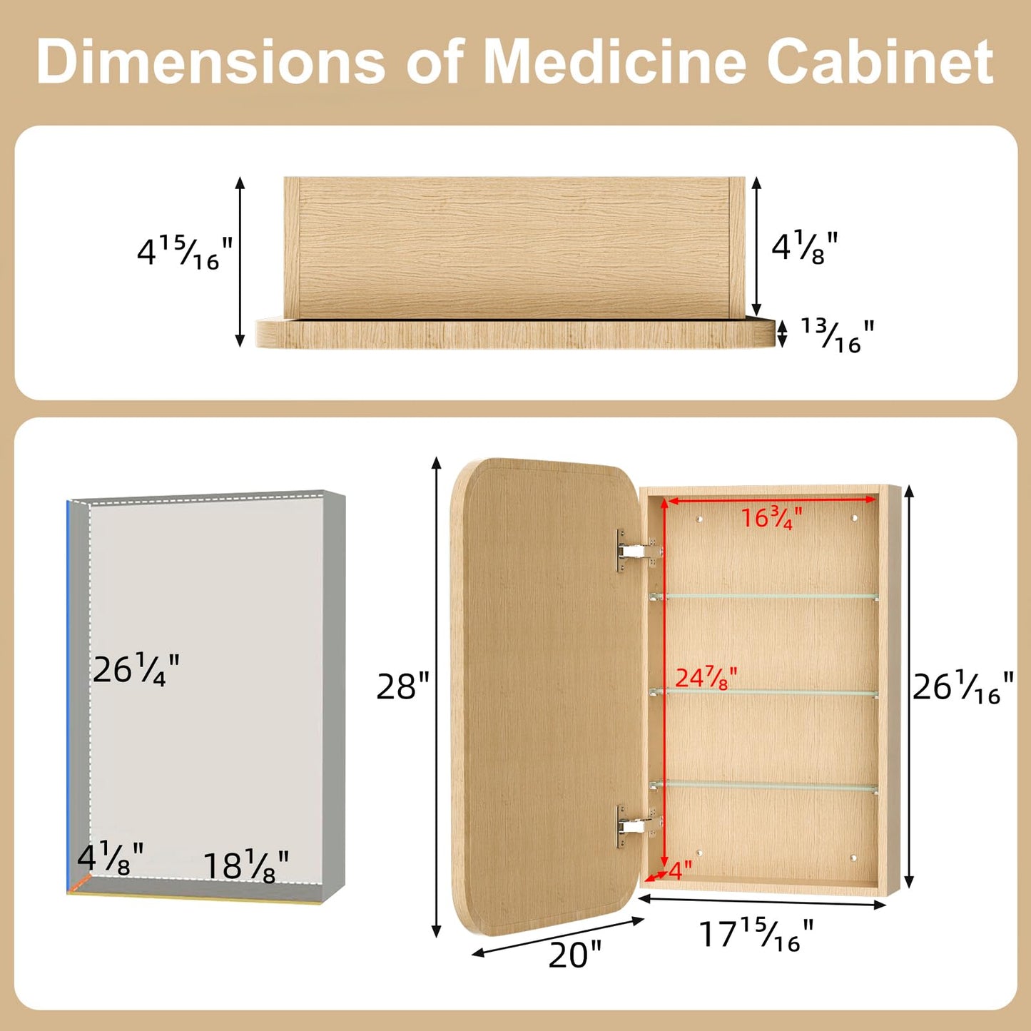 Keazile 20x28 Inch Wood Medicine Cabinet with Mirror, Surface or Recessed Mount Bathroom Mirror Cabinet, Adjustable Glass Shelves, Soft-Close Door, Rounded Corner, Fully Assembled, Oak