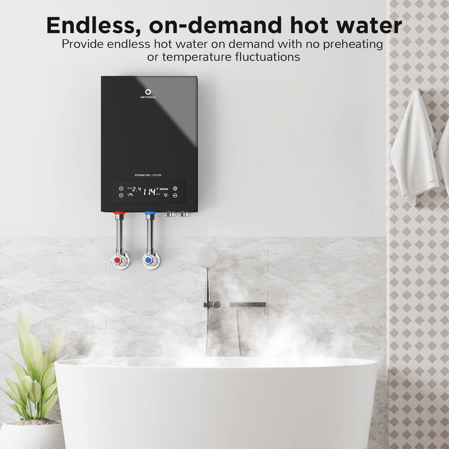 AIRTHEREAL Electric TANKLESS Water Heater 27KW, Endless ON-Demand HOT Water - SELF MODULATES to Save Energy USE - for 3 Showers EVT-27K