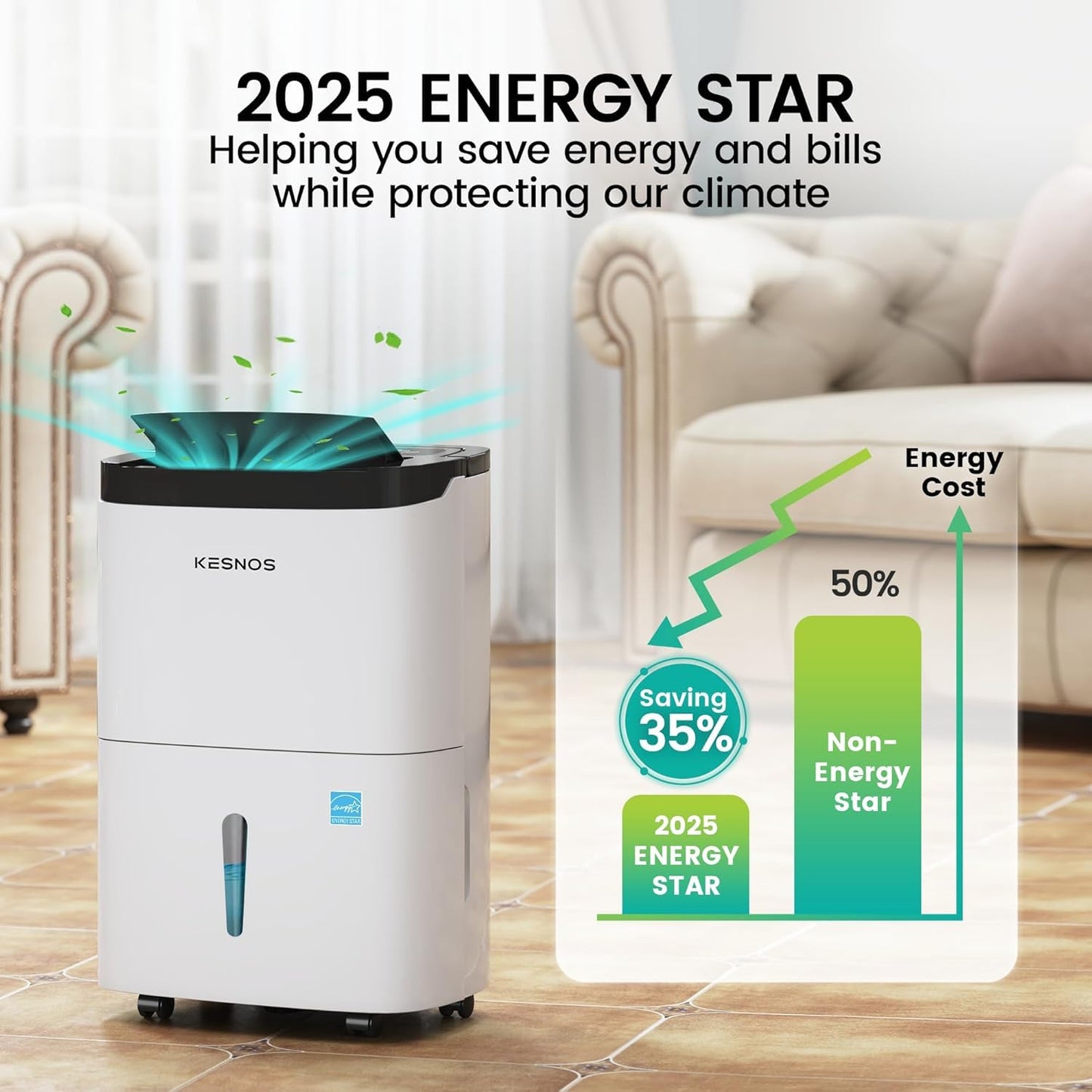 Kesnos 150 Pints 2025 Energy Star Dehumidifier for Home & Basement with Drain Hose, Ideal for Large Spaces up to 7,500 Sq. Ft., Featuring Auto Defrost & Self-Drying Function