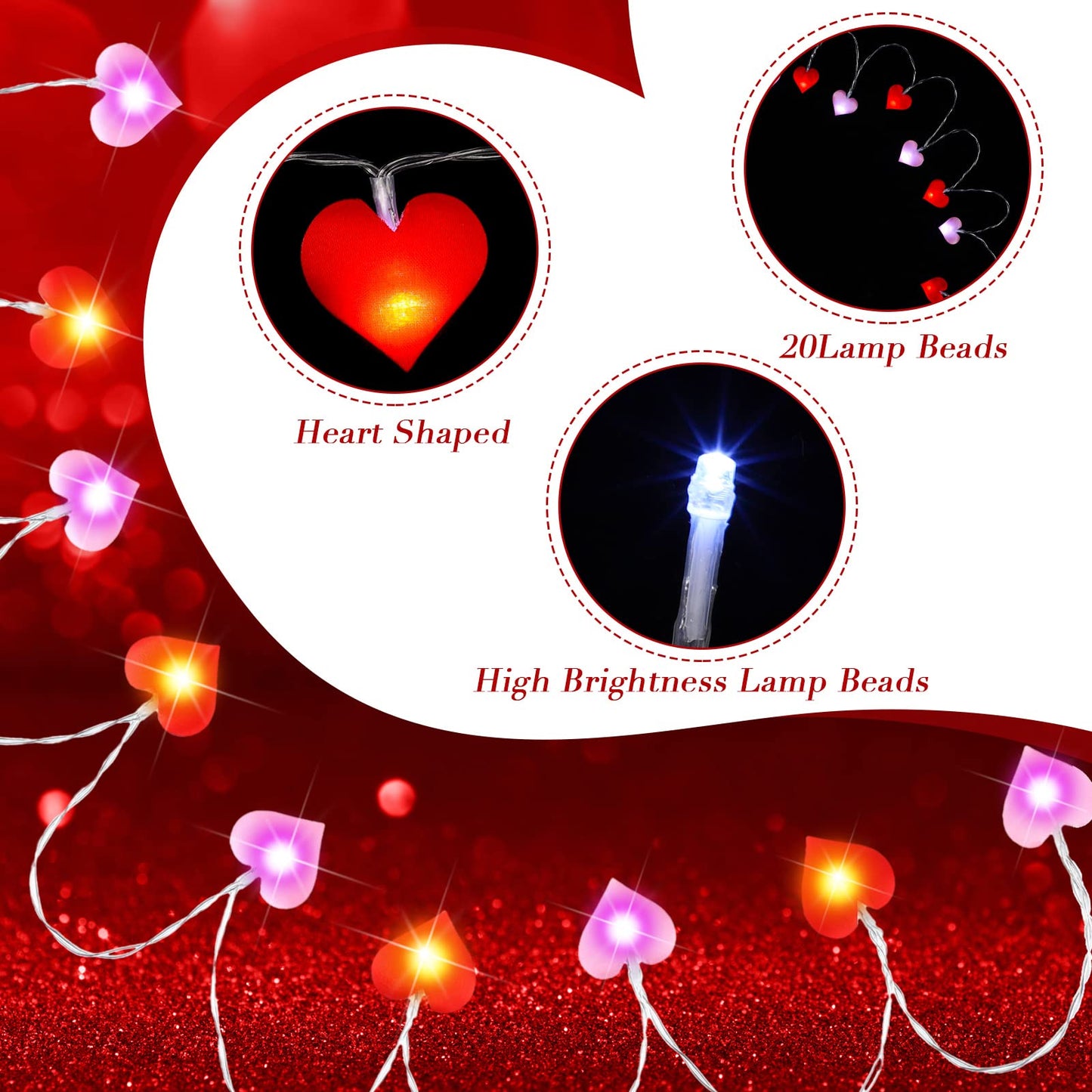 Zhanmai Heart String Lights - 10 ft, 20 LEDs, Battery Operated, Indoor/Outdoor Decor for Valentines Day, Wedding, Party