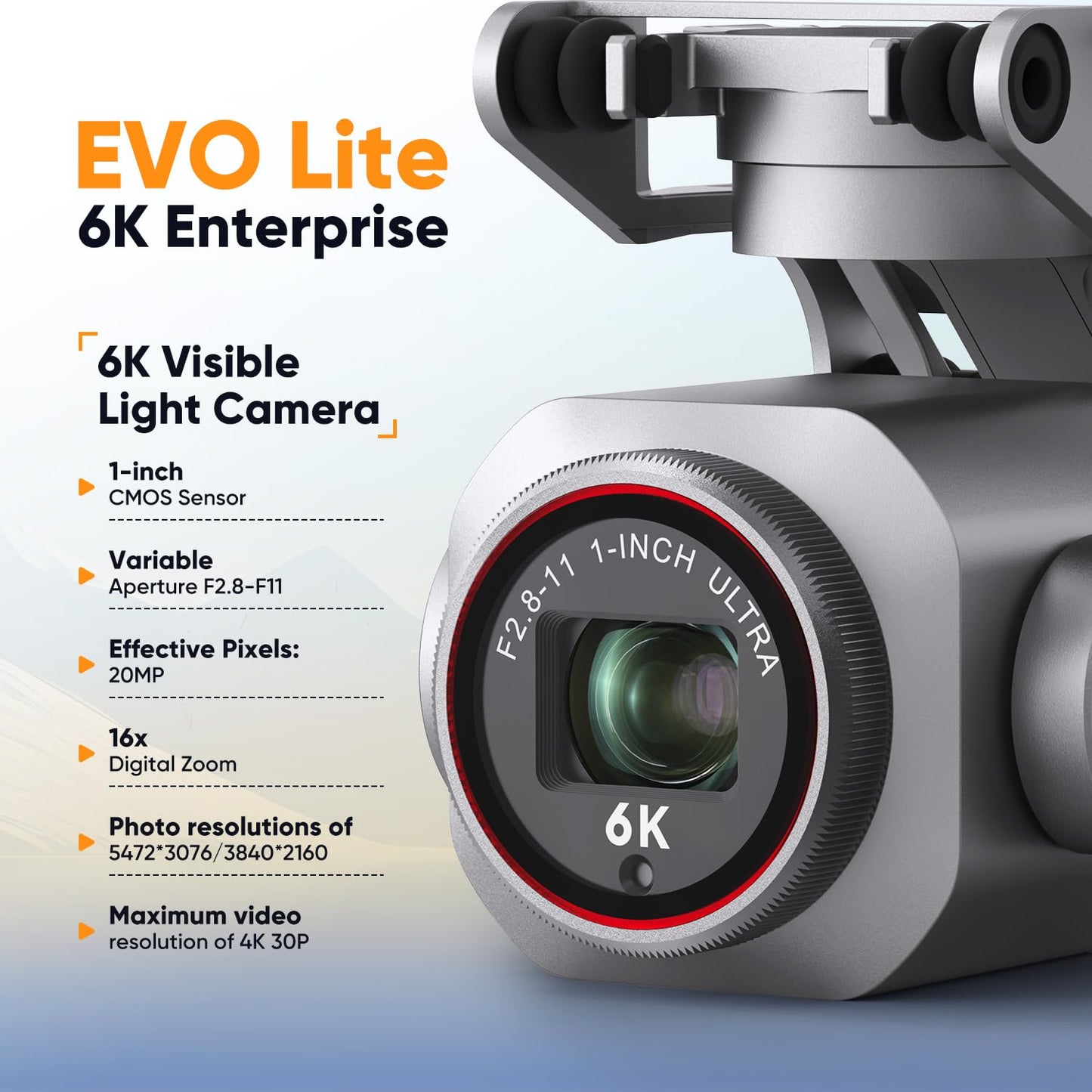 Autel Robotics EVO Lite 6K Enterprise, 1'' CMOS 6K C-amera, F2.8~F11 Aperture, 16x Digital Zoom, 2026 AI Target Recognition, 866g, 40 Minutes, Obstacle Sensing, 12KM Transmission