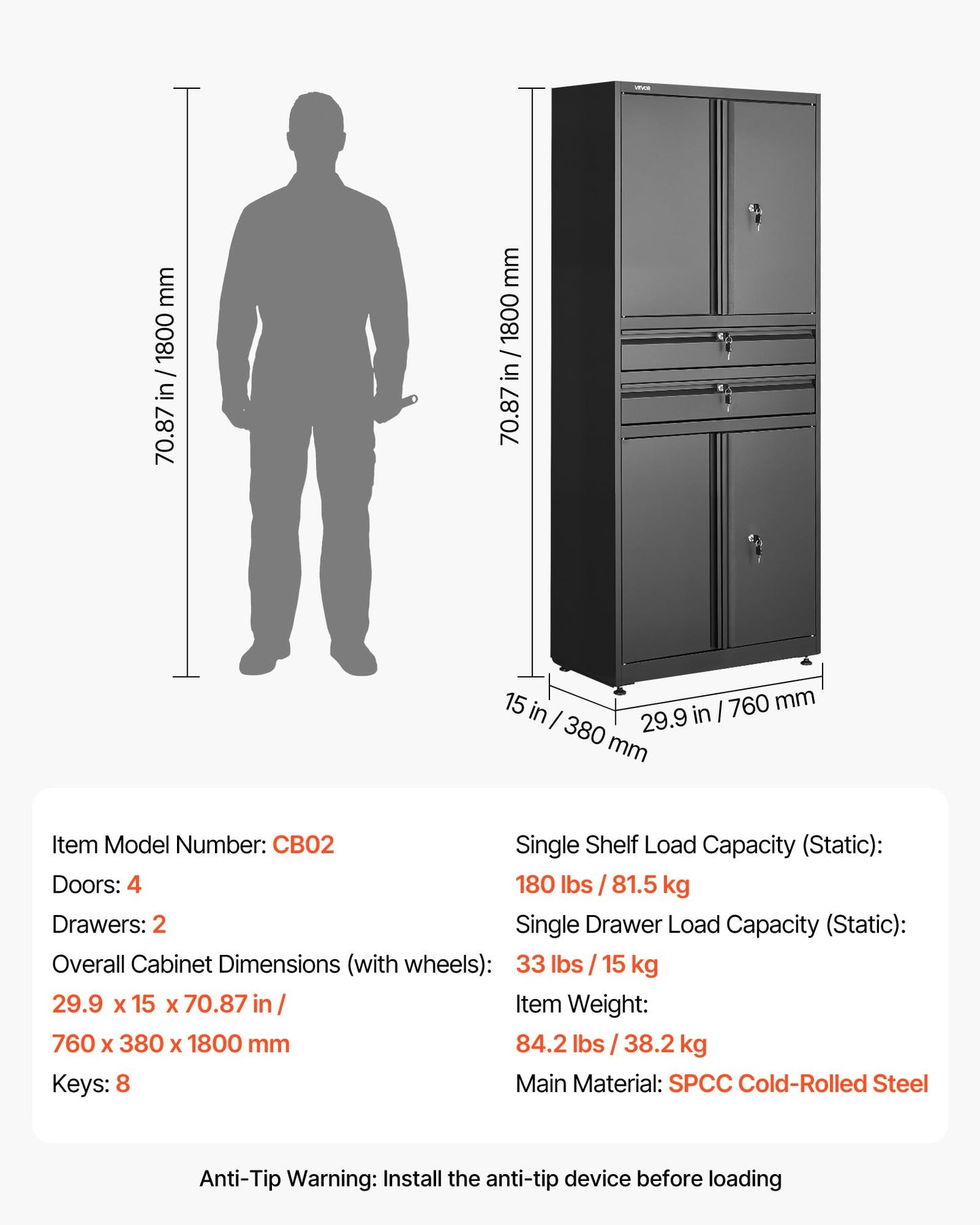 VEVOR Metal Storage Cabinet, 180 lbs Shelf Load Capacity, 70.87" Tall Garage Tool Storage Cabinet with 4 Locking Doors and Adjustable Shelves, 2 Drawers, for Garage, Home, Office, Utility Room, Black