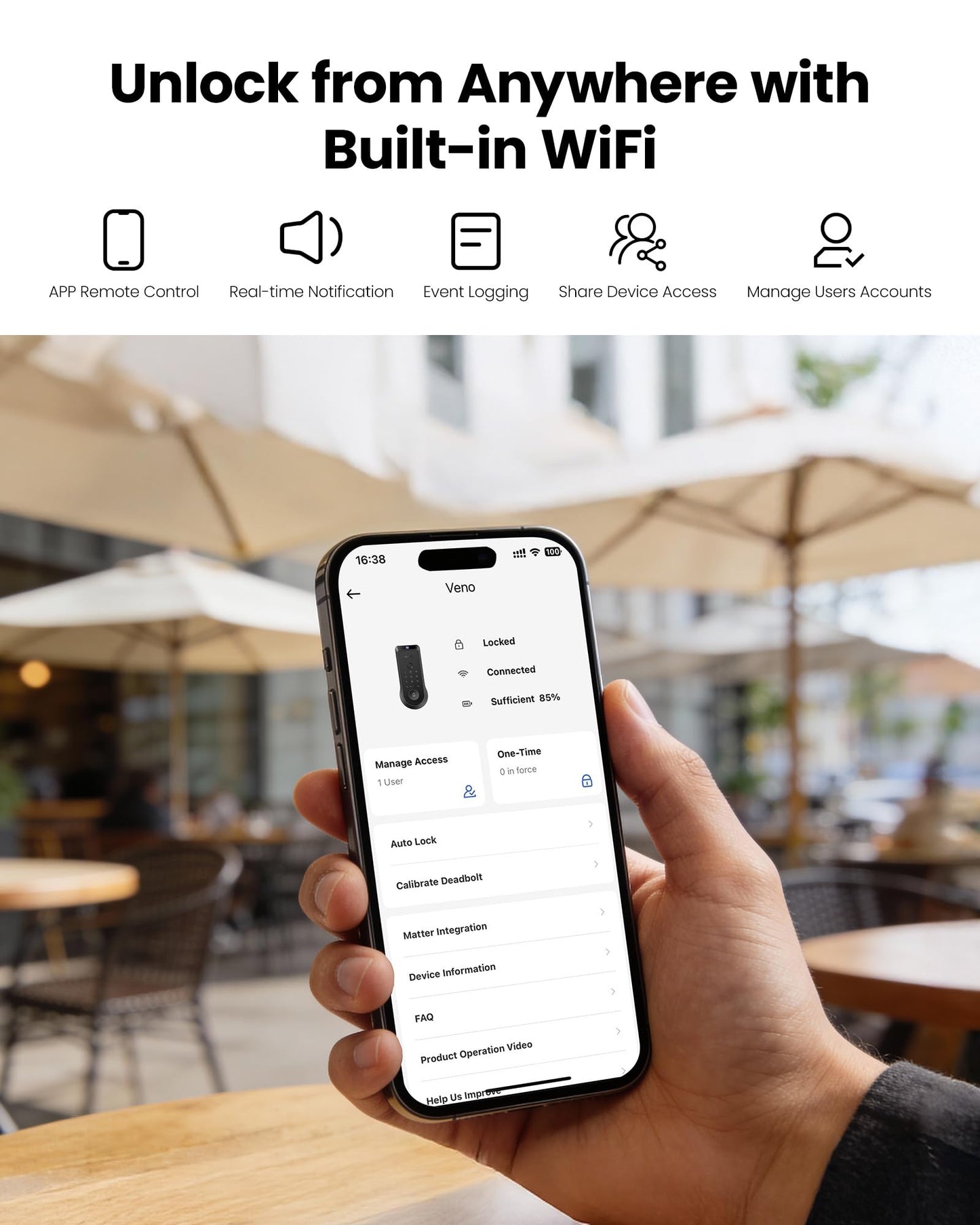 Lockin Venoris Smart Lock - Palm Vein & Fingerprint Keyless Entry Door Lock - 6 Unlock Methods - Built-in WiFi - Smart Home Compatible - No Monthly Subscription - 7-Month Battery Life
