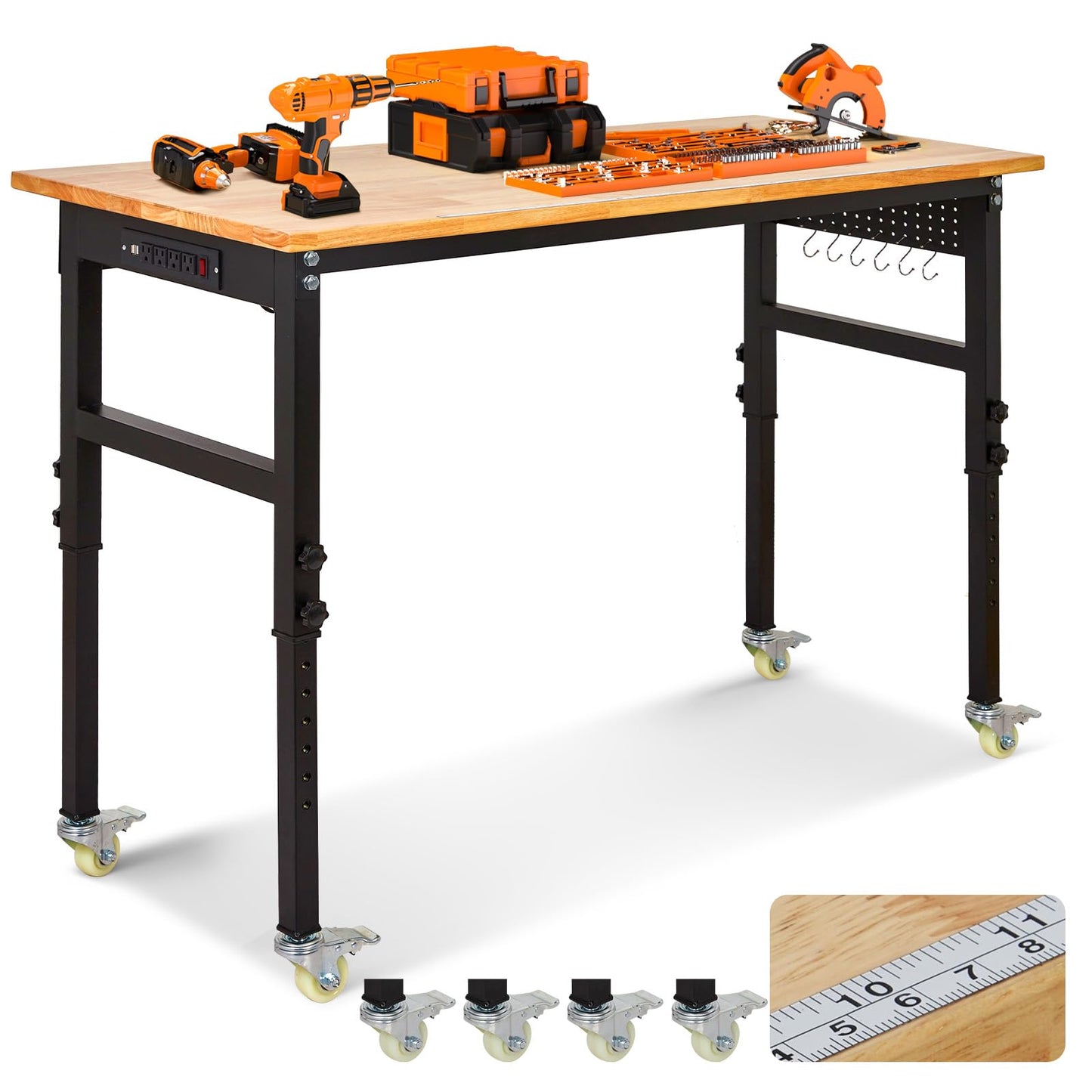 60" Adjustable Workbench with Power Outlet, 2000LBS Capacity Solid Rubber Wood Top & Thickened Steel Legs, 8-Levels Adjustable Heigh Work Table, Easy Assembly for Garage, Workshop, Home