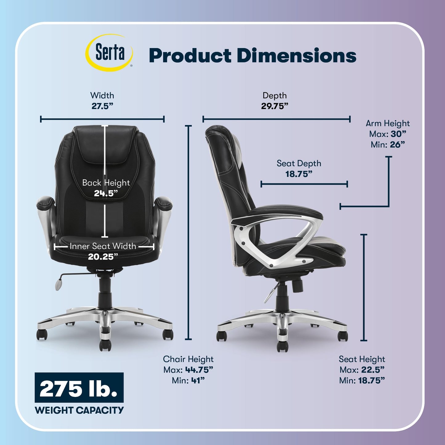 Serta Amplify Executive Office Chair with Faux Leather and Mesh, Adjustable Ergonomic Comfy Seat with Lumbar Support, Modern Computer DeskChairs, Swivel Rolling Wheels, Black