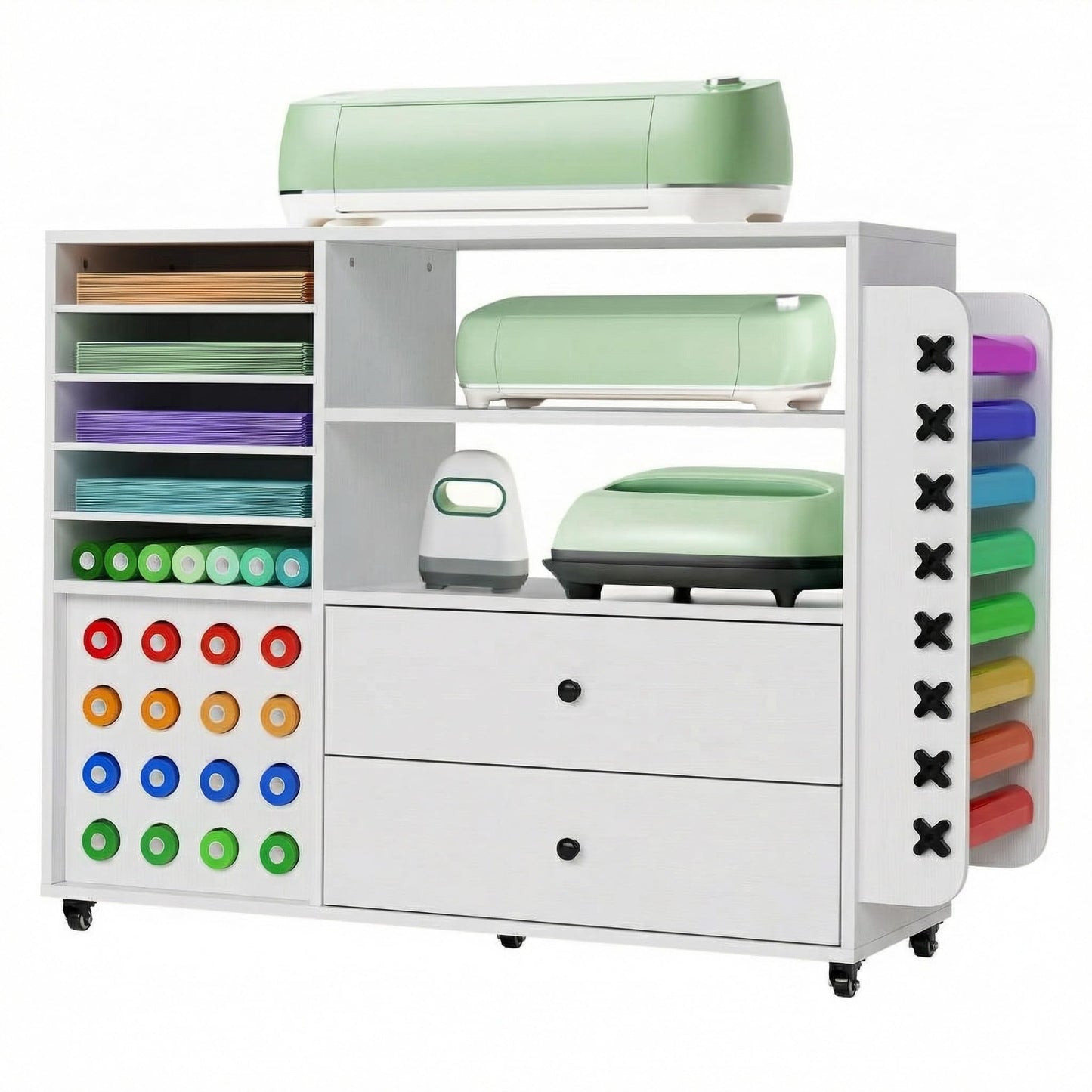 MilleLoom Craft Cart with Vinyl Roll Holder - Large Rolling Cricut Cart Organizer & Workstation, Craft Storage Table Compatible with Cricut Machine, Heat Press, Craft Room White