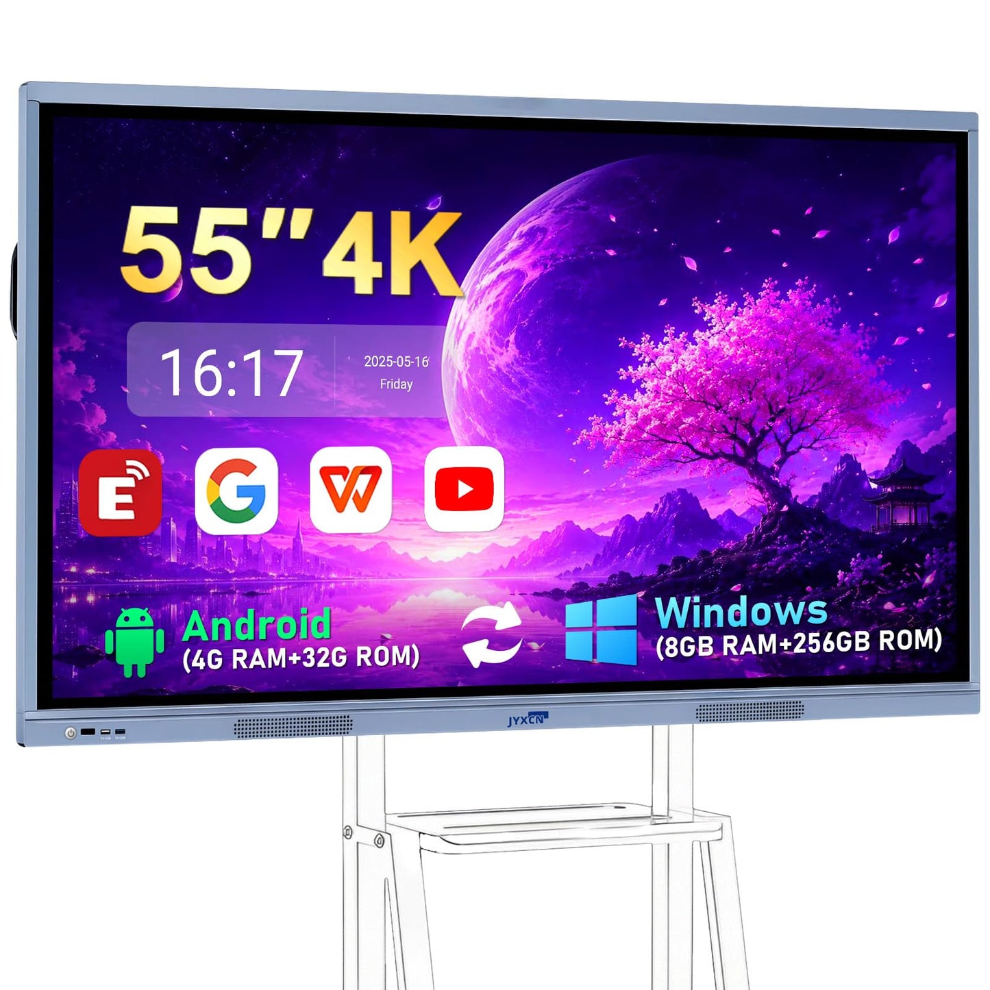 JYXCN 55" 4K Dual-OS Smart Board – Android 11 & Windows 10 Pro | 20-Point Touch for Offices, Classrooms, Church | Wireless Sharing, Wall Mount Included