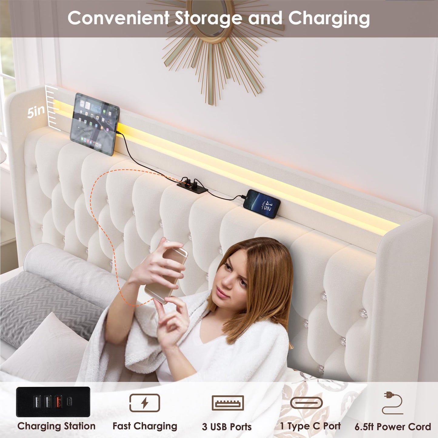 HIFIT Queen LED Bed Frame with Charging Station and 2 Storage Drawers, Velvet Upholstered Platform Bed with Handcrafted Crystal Button Wingback Headboard, Metal Frame with No Box Spring Needed, Beige