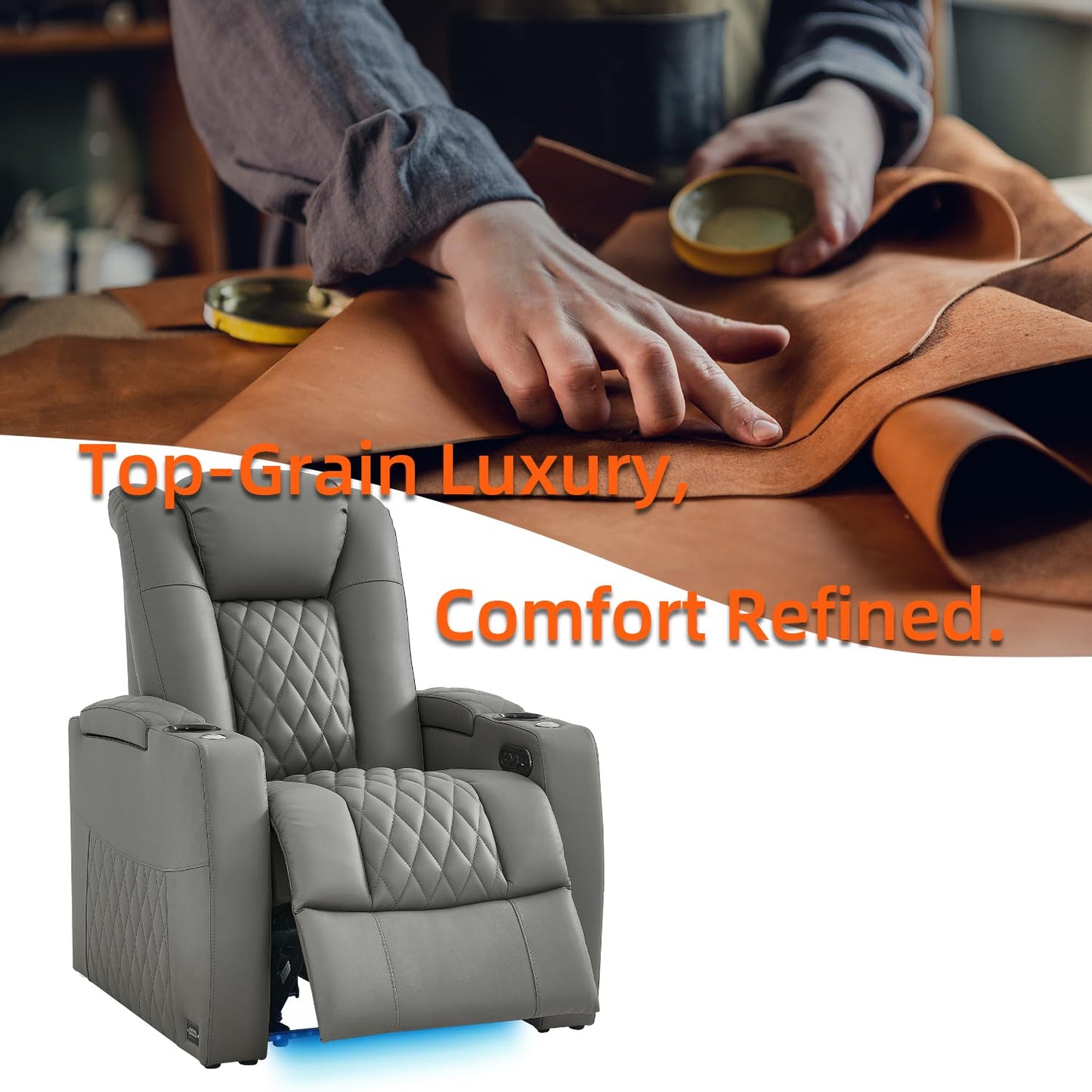 comfiroom Top Grain Leather Home Theater Seating, Classic Series Game Seats Movie Recliner Theater Chairs Recliner Sofa with Type-C Charger Bedroom Sofa Chair for Living Room (Grey, Row of 1)