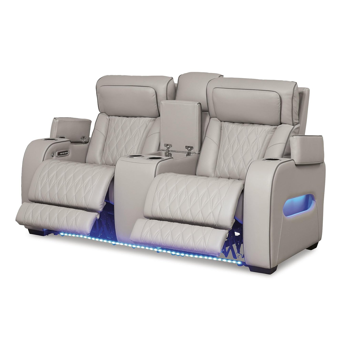 Signature Design by Ashley Boyington Contemporary Leather Match Power Reclining Loveseat with Console and USB Charging Ports, LED Lights and Adjustable Headrest, Light Gray