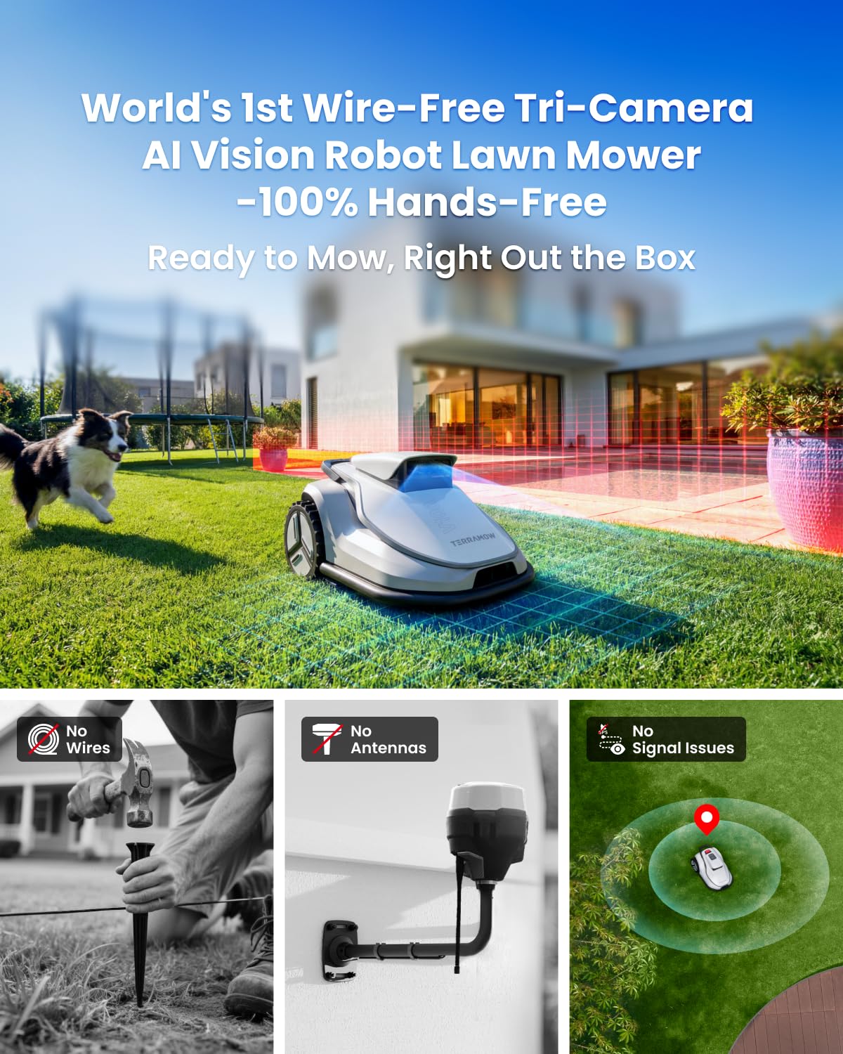 TerraMow V1000 Robotic Lawn Mower with Garage, Tri-AI Vision, No Wire/RTK/Signal Issues, Auto Mapping, Max 0.3 Acres, Vision Navigation, AI Obstacle Avoidance, 100% Hands-Free for Complex Gardens