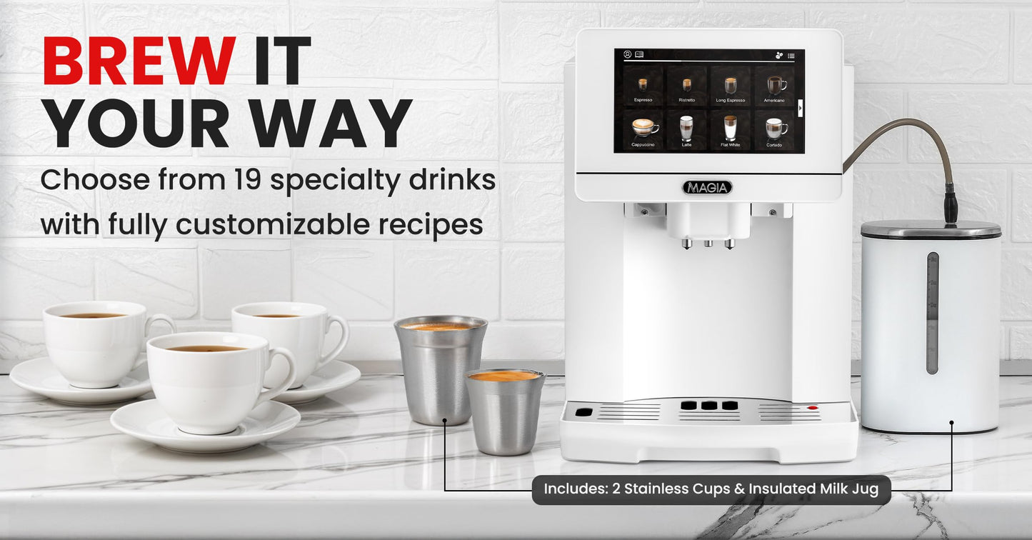 Zulay Magia Super Automatic Espresso Maker Machine with Grinder - 19 Fully Customizable Coffee Options, Auto Cleaning, Milk Foam System - for Latte, Cappuccino - Ultra LUX - White (13.7x17.7x9.4)