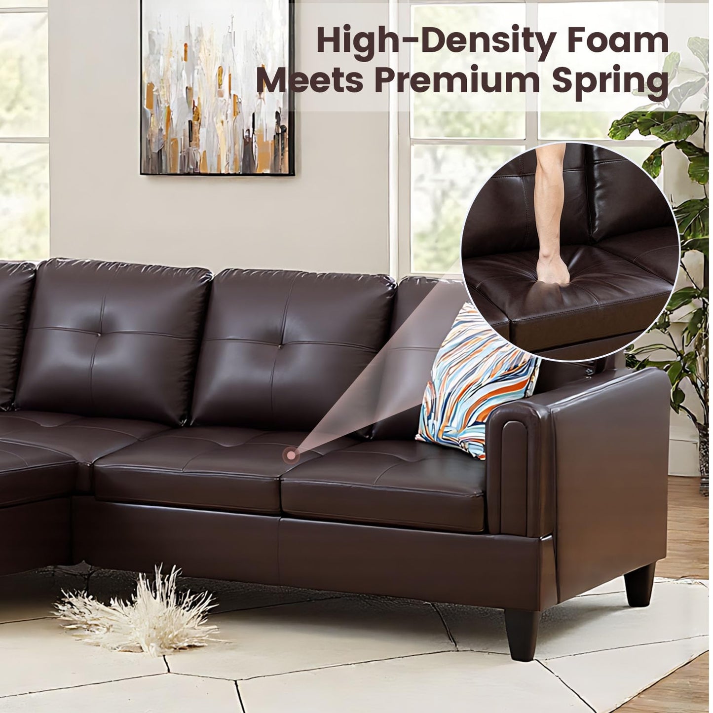 Trygoal L Shape Sectional Couch with Chaise, 97 Inch Modular Sofa with Ergonomic Reclined Backrest, Sectional Couches for Living Room, High-Density Foam, for Office and Small Apartment, Leather Brown