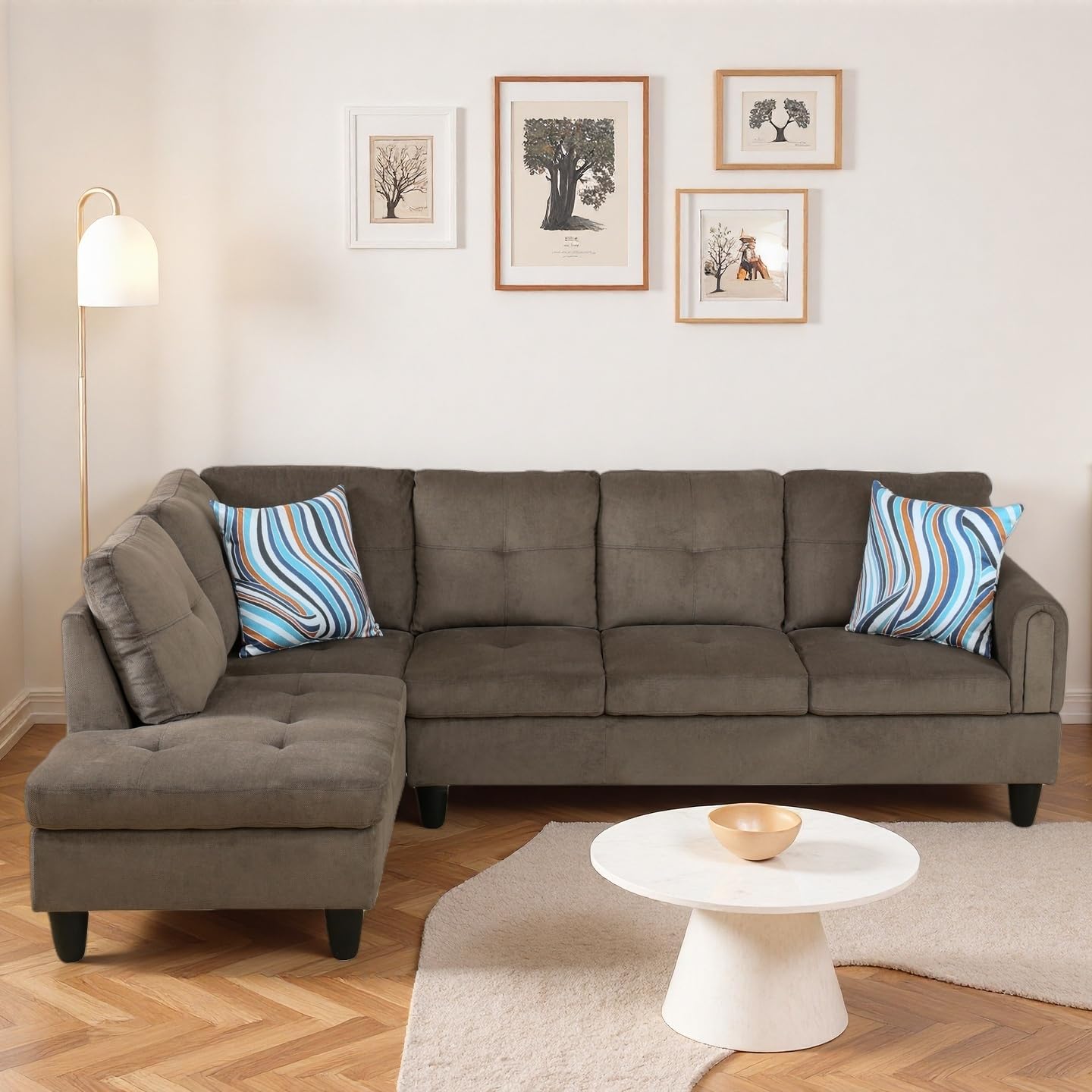 Trygoal Modern L-Shaped Sectional Sofa with Chaise Lounge, 4-Seater Velvet Couch with High-Density Foam Cushions, for Living Room, Apartment, Studio, Easy Assembly, Brown