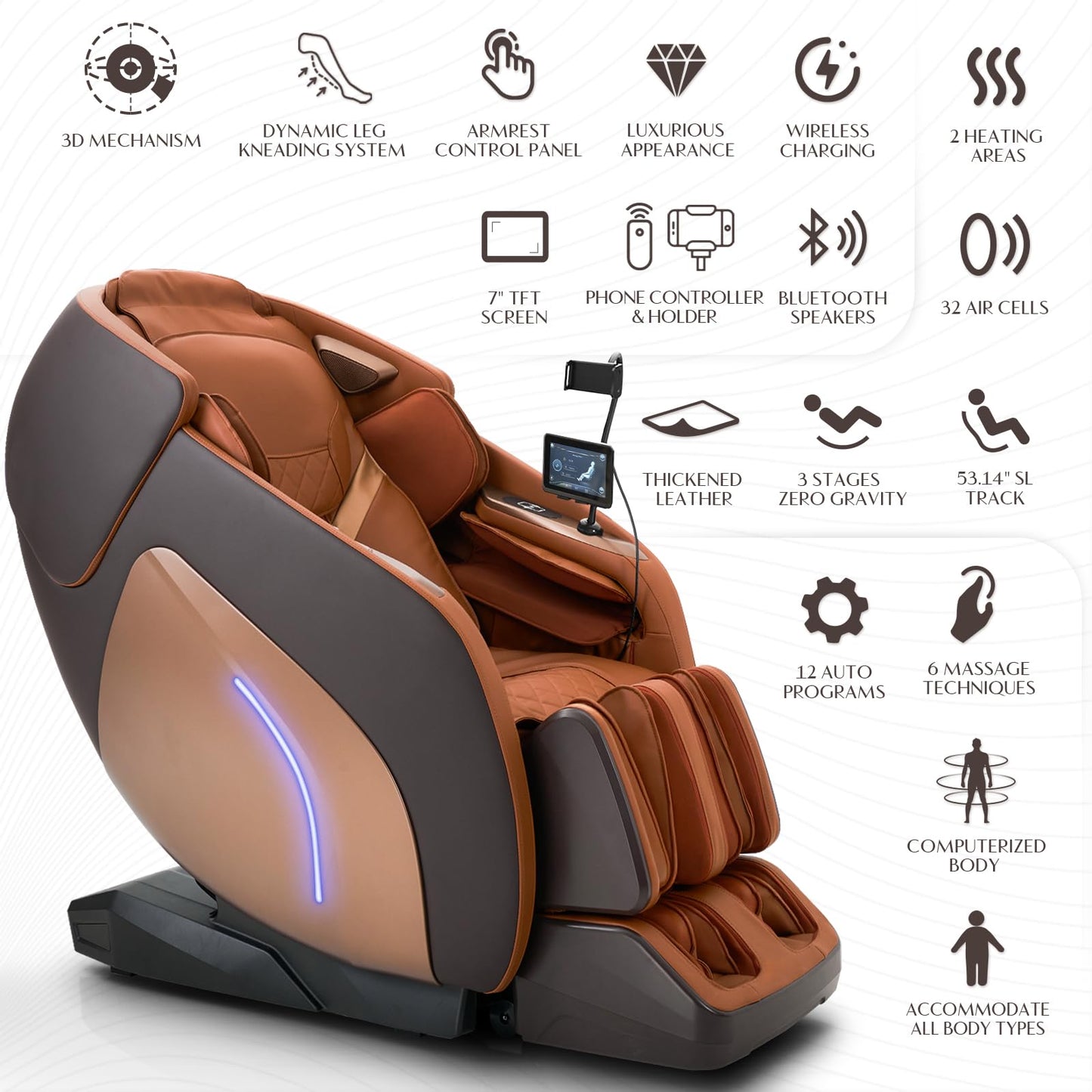 3D Massage Chair, Full Body Massage Chair, Zero Gravity Recliner w/Dynamic Leg Kneading System, 53.14" SL Track, Sleek Appearance, 12 Auto Modes, Wireless Charging, Bluetooth Speaker, TFT Screen