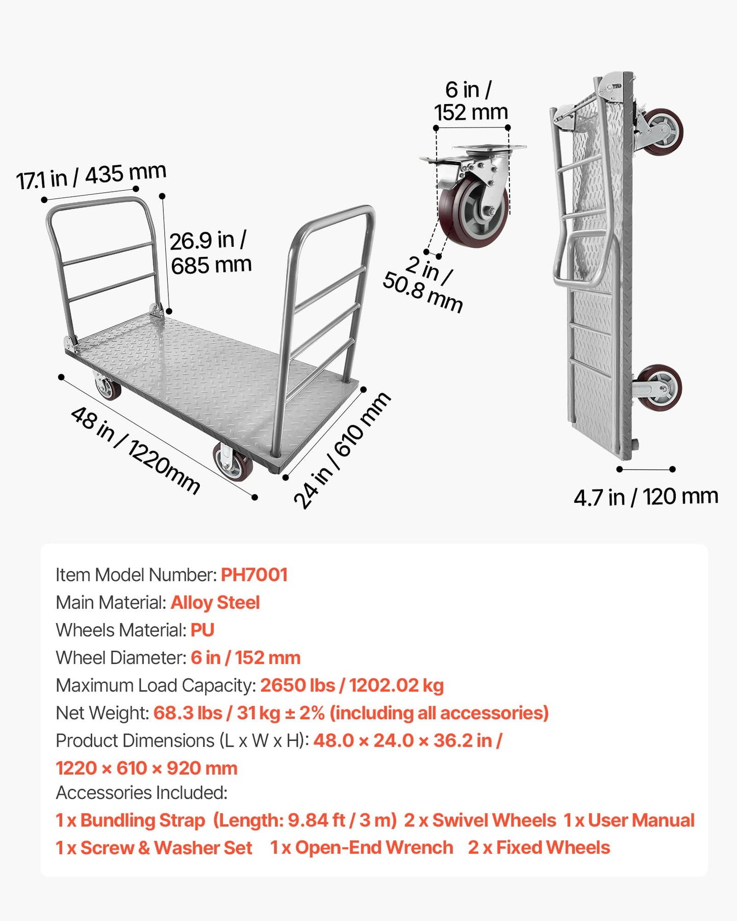 VEVOR 2 in 1Platform Truck, 2650 LBS Heavy Duty Flatbed Cart Dolly with Detachable Rear Guardrail and Swivel Wheels, Foldable Hand Push Truck Cart for Groceries, Garage, Warehouse (48"×24")
