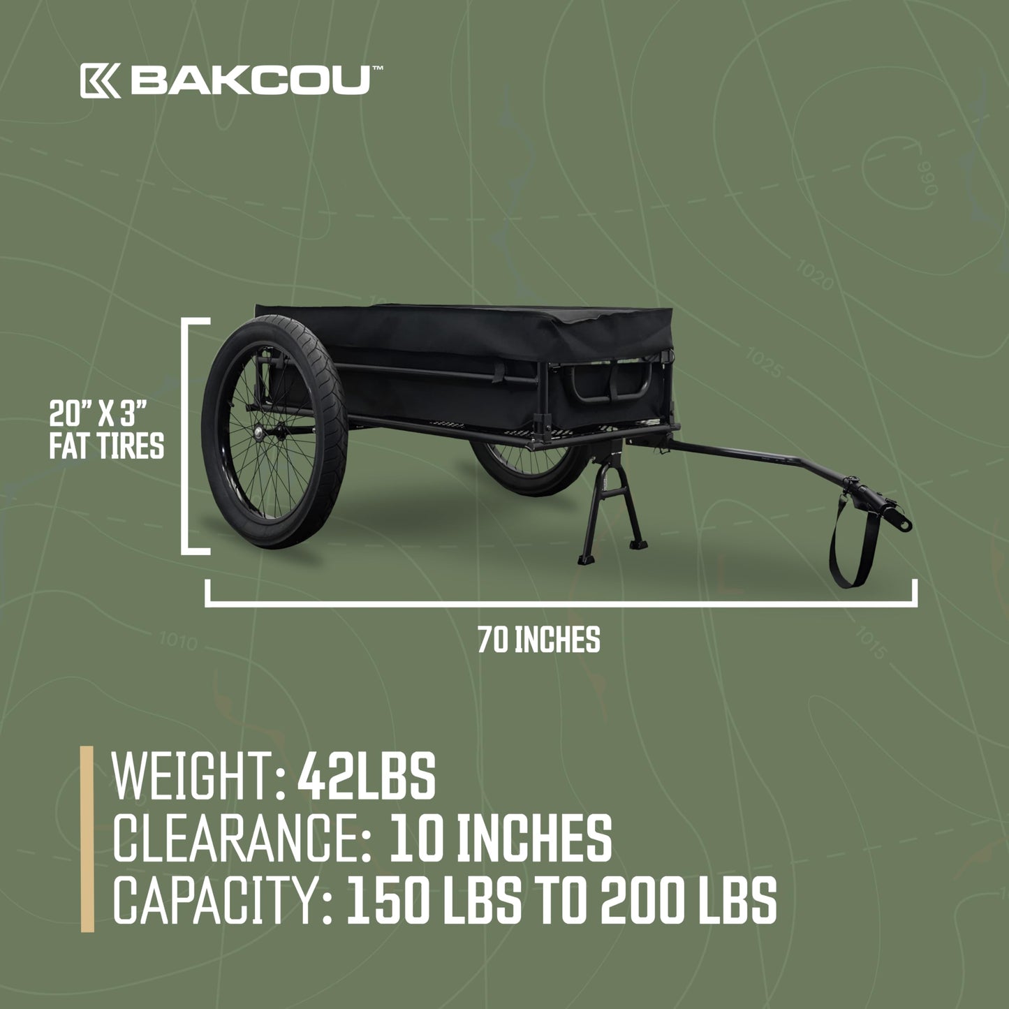 Bakcou - Folding Cargo eBike Trailer with 20" x 3" Fat Tires, Canvas Liner, Hitch, Axle Extenders & Kickstand - 150-200 lbs Capacity