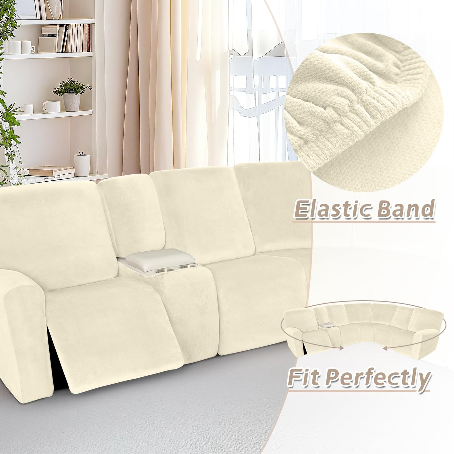 Arfntevss Sectional Recliner Couch Covers Velvet Washable Corner Sectional Sofa Cover for Reclining Couch Stretch Soft Thick L Shape Recliner Slipcover Set (5 Seat with 2 Console Cover, Beige)