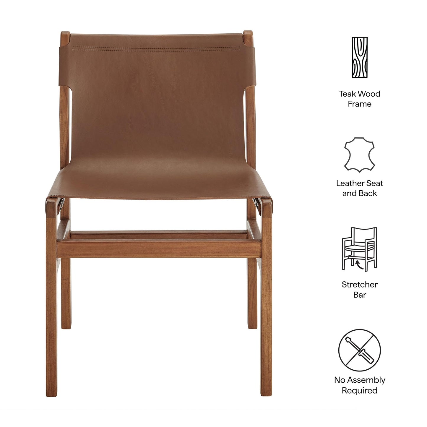 Modway Sonora Leather Dining Side Chair in Nutmeg Brown – Mid Century Modern Armless Accent Chair with Teak Wood Frame for Dining Room, Office, or Entryway