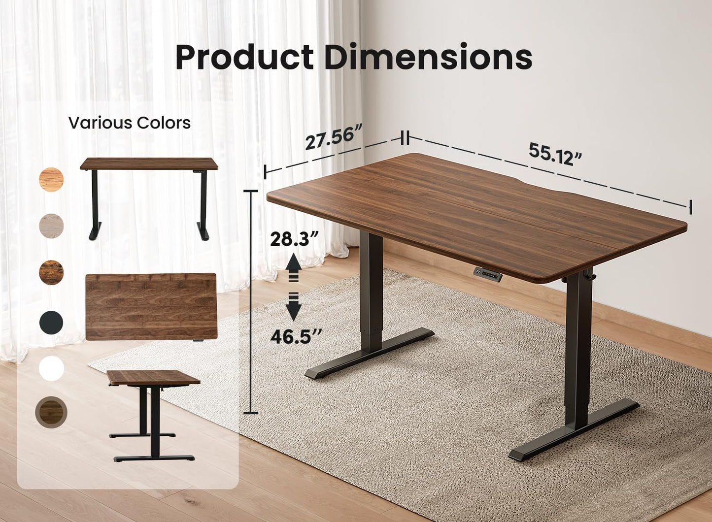 BANTI 55 × 28 Inches Standing Desk, Ergonomic, Electric Height Adjustable, Sit and Stand Up, Computer Desk with a Deeper Desktop, Black Frame/Black Walnut Top