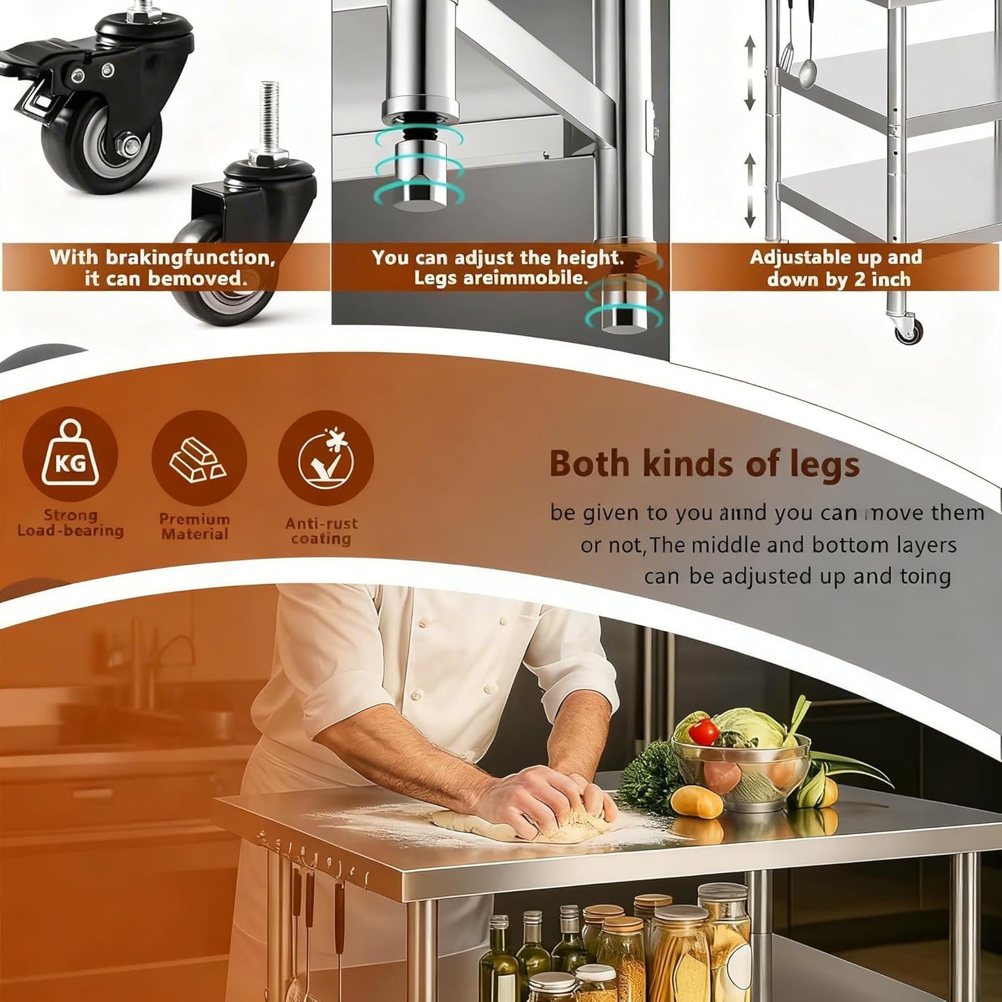 Stainless Steel Prep and Work Table with Wheels, Multi-Size Heavy-Duty Metal Commercial Kitchen Commercial Workbench,Suitable for Restaurants, Homes,Outdoor and Hotels (51" Lx24 Wx34 H)
