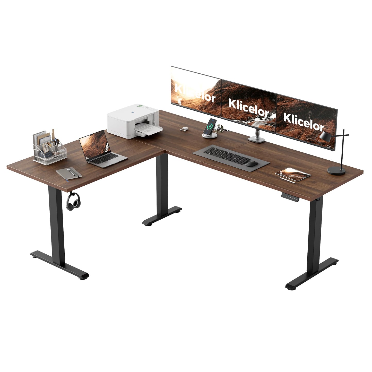 Klicelor L Shaped Standing Desk 73 x 60 Inch, Electric Height Adjustable Corner Desk for Home Office Workstation, Ergonomic Sit Stand Computer Table with Memory Controller, Dark Walnut