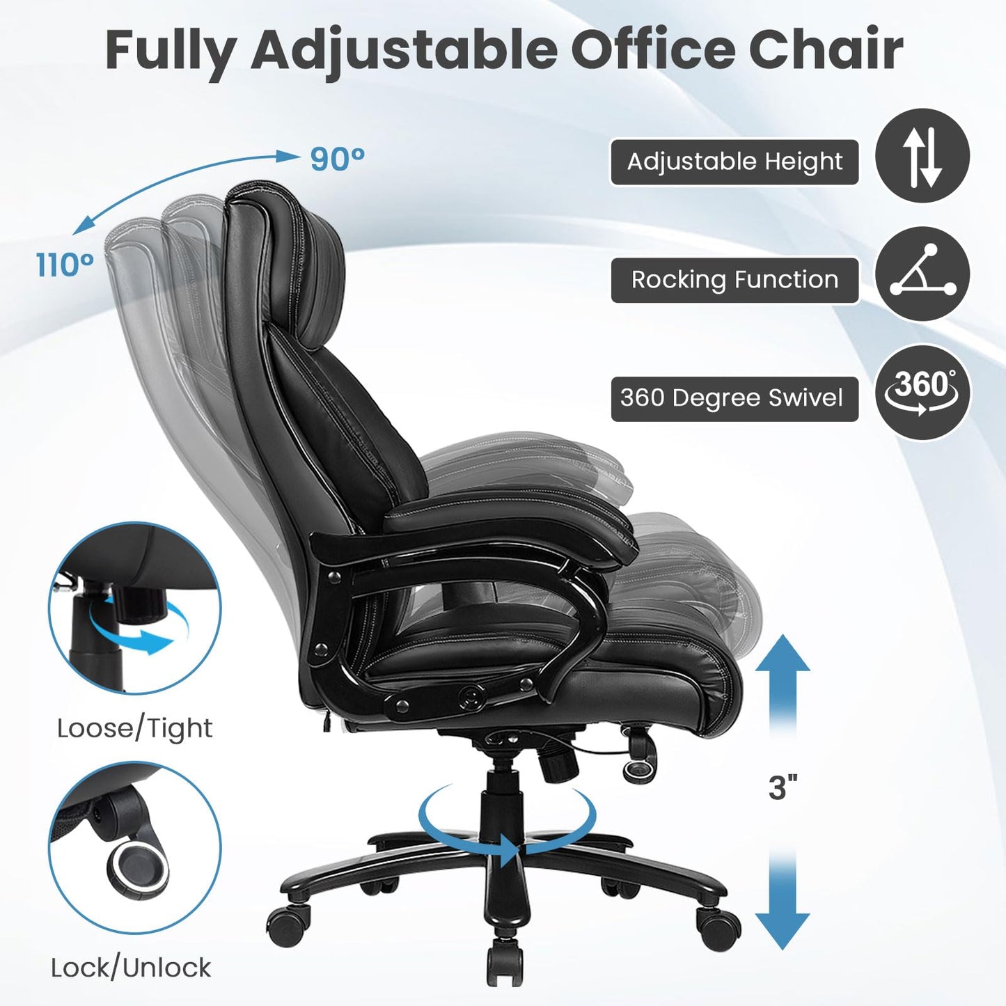 Giantex Big and Tall Office Chair 500lbs, Heavy Duty Executive Office Chair with 6 Massage Points, Extra Wide Seat, High Back Ergonomic Leather Reclining Swivel Computer Chair, Home Office Desk Chairs
