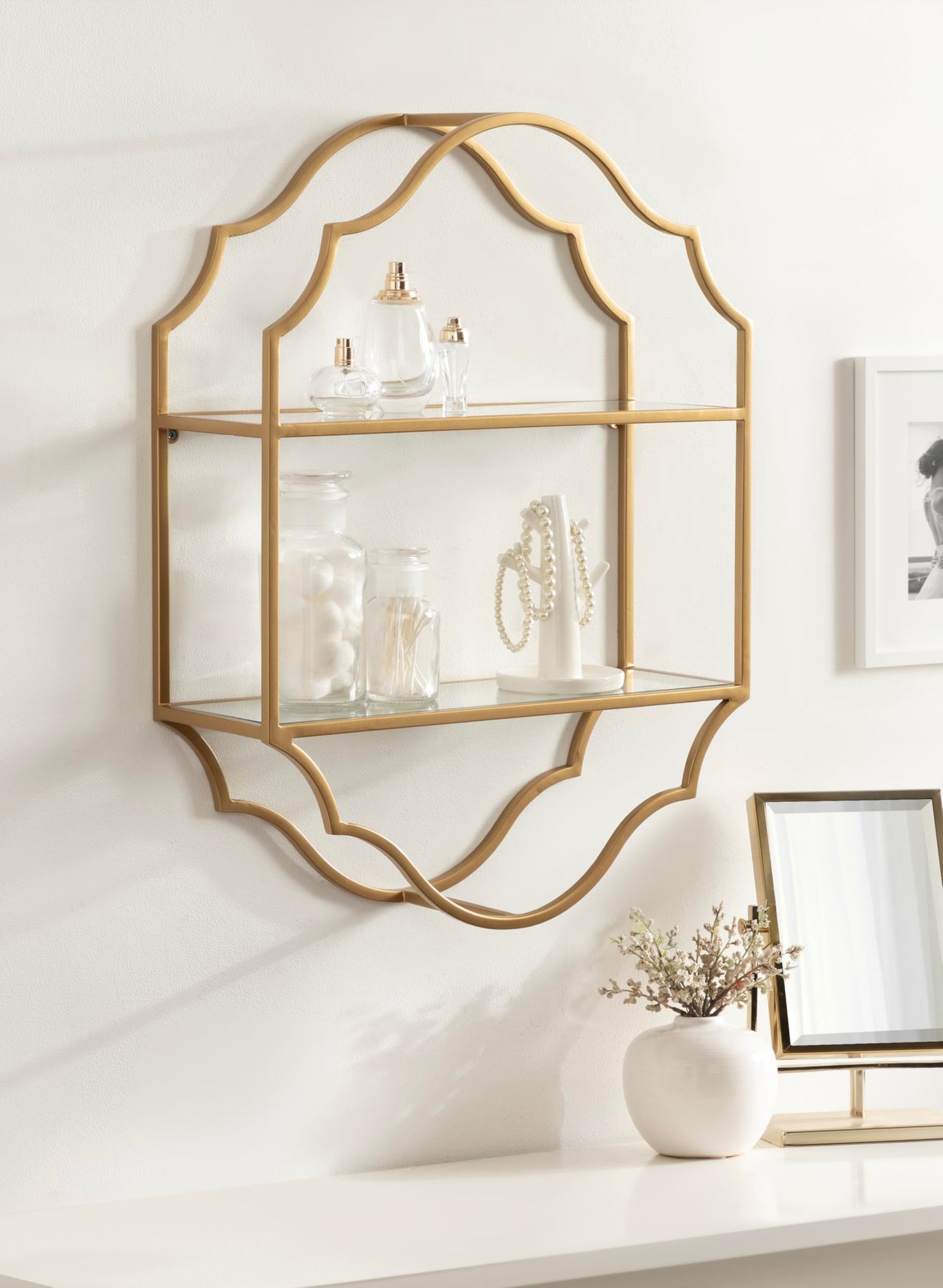 Kate and Laurel Leanna Scalloped Two-Tiered Wall Shelf, 18 x 6 x 24, Gold, Decorative Floating Shelf Storage and Wall Organizer for Bathroom Over Toilet Storage or Display