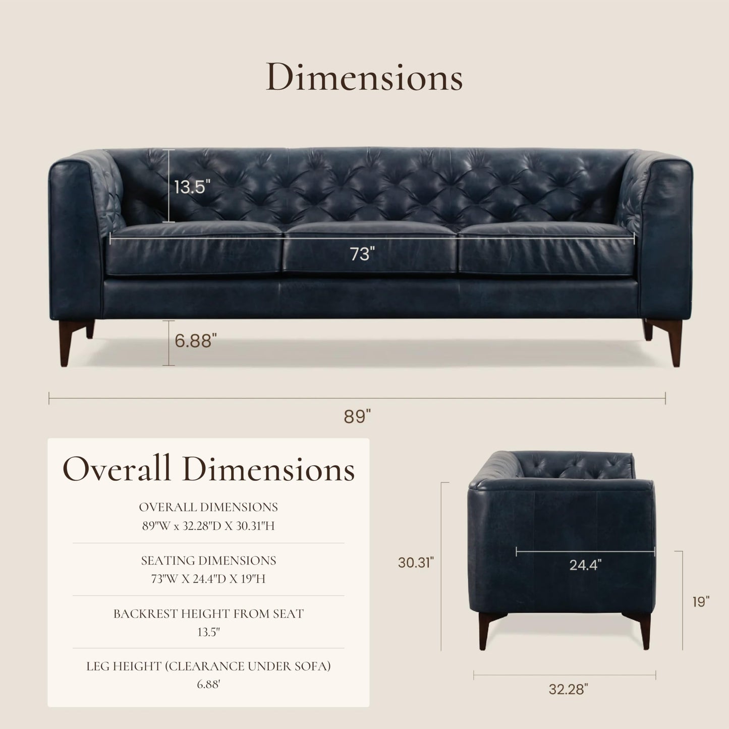 POLY & BARK Essex 89” Full-Grain Italian Leather Sofa – Tufted Back, Feather-Down Comfort, Solid Wood Frame, Midnight Blue
