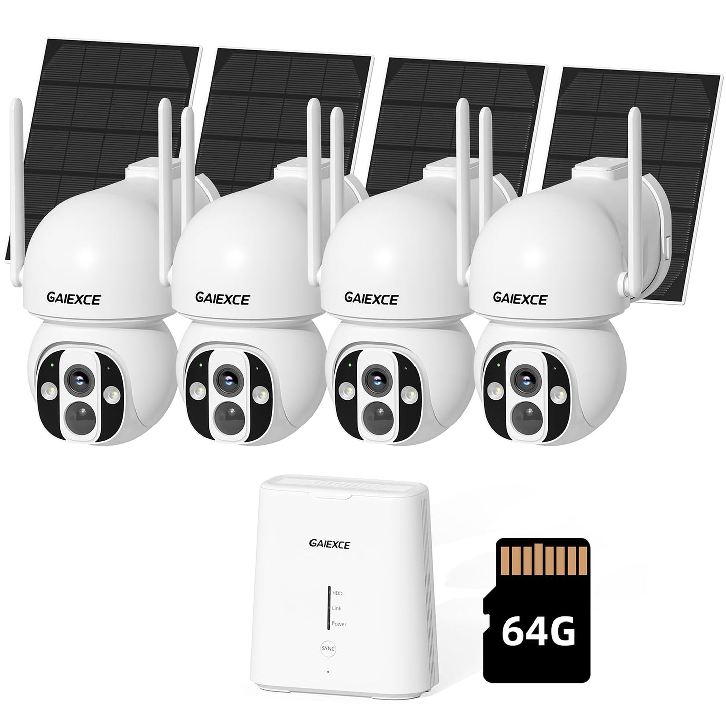 GAIEXCE Solar Cameras Outdoor Wireless, No Subscription, Expandable to 10CH, 4 Cam Kit, Home Security Camera System, 4MP Color Night Vision, 360° Pan&Tilt, Auto Tracking, 2.4G/5G WiFi, 64G SD Card