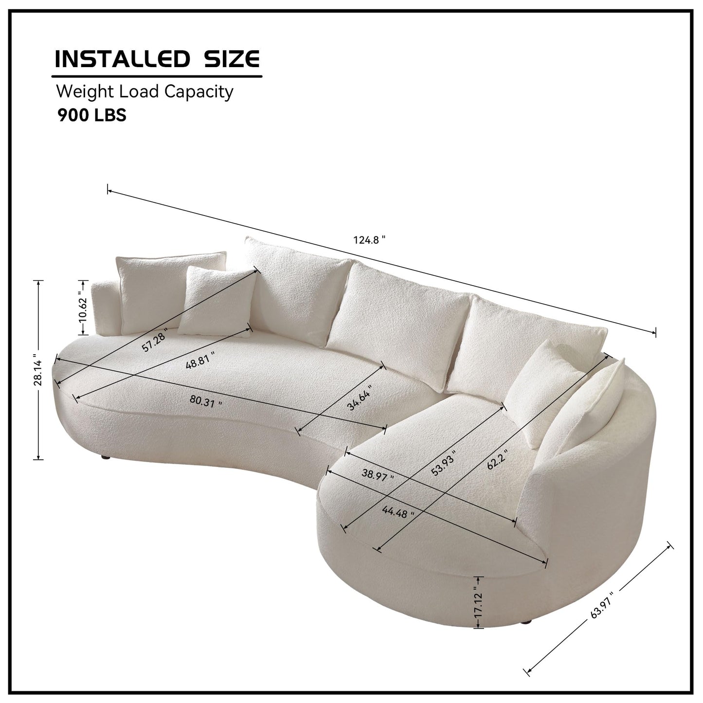 KEIKI 129" Luxury Curved Boucle Sectional Sofa with Right Chaise, Upholstered Modern Style Oversized 5-Seater Couch with Thickened Seat Cushions, Easy Assembly, for Apartment, Living Room, White