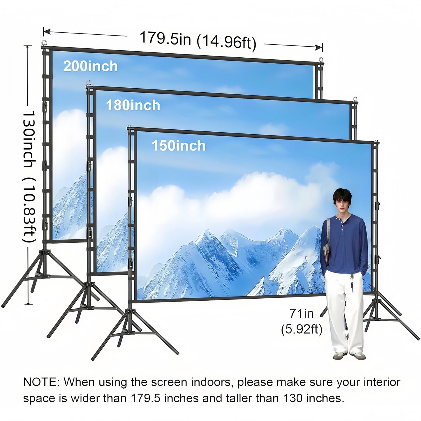 Projector Screen and Stand,200 inch Outdoor Projection Screen 16.67FT Large Portable Movie Screen Wrinkle-Free 16:9 4K Washable with Carry Bag for Backyard Theater Movie Night Celebration
