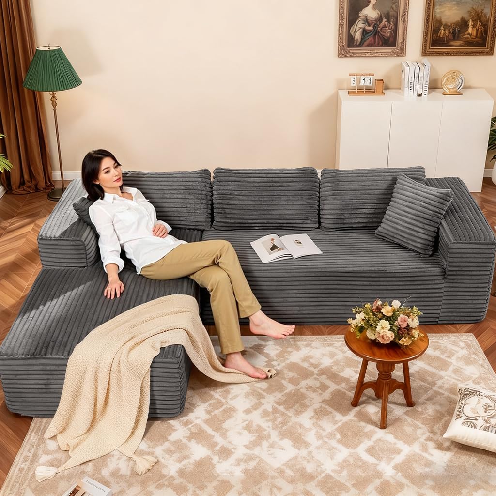 COMHOMA 105”Modular Sectional Sofa with Deep Seat,Cloud Upholstered L-Shape Boneless Couch Wide Arms Corduroy Fabric High-Density Foam Chaise Lounge for Living Room No Assembly Required,Dark Grey